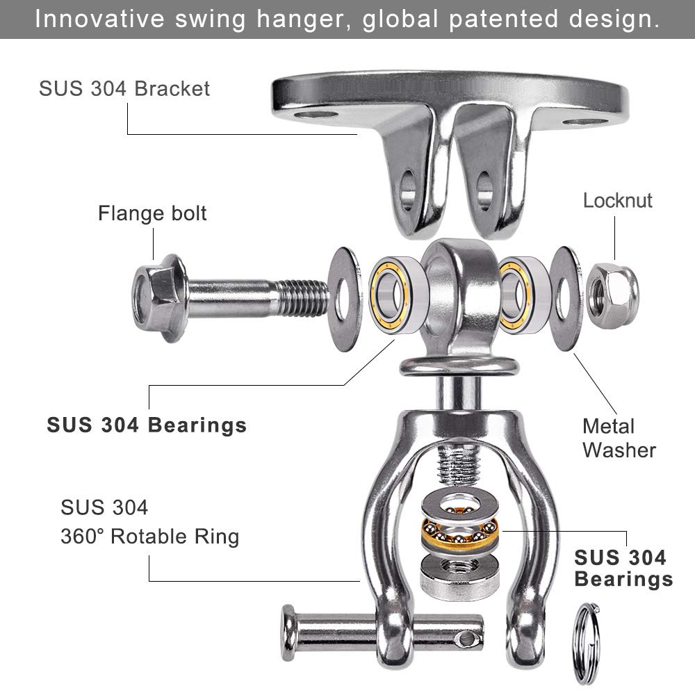 SELEWARE Heavy Duty Hammock Chair Hanging Kit - Stainless Steel Swing Hanger with Bearing, Spring & Chain - Indoor/Outdoor Ceiling Mount for Swing Chairs, Hammocks & Punching Bags - Perfect for Porch, Patio, Backyard & Home Gym Use