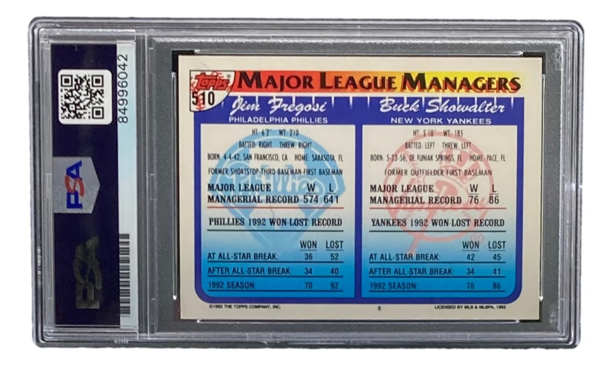 Buck Showalter Autographed 1993 Topps #510 NY Yankees Baseball Card - PSA/DNA Certified Gem Mint 10 - Perfect for Collectors, Yankees Fans & Sports Memorabilia Displays