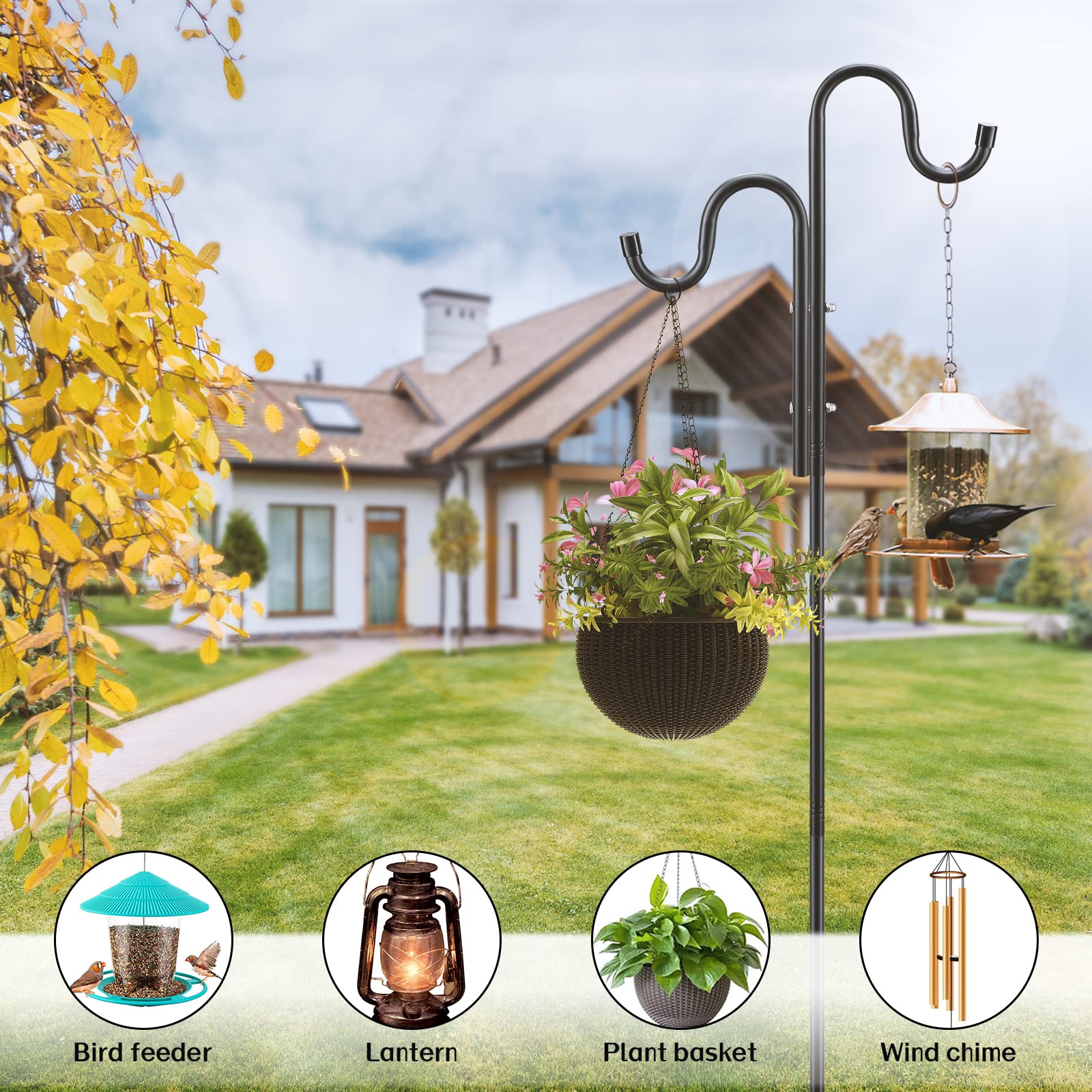 92-inch Heavy Duty Stainless Steel Double Shepherd Hooks for Outdoor Bird Feeders - 5-Prong Base for Wind Chimes, Solar Lights & Wedding Decor | Perfect for Garden, Patio & Backyard Decoration