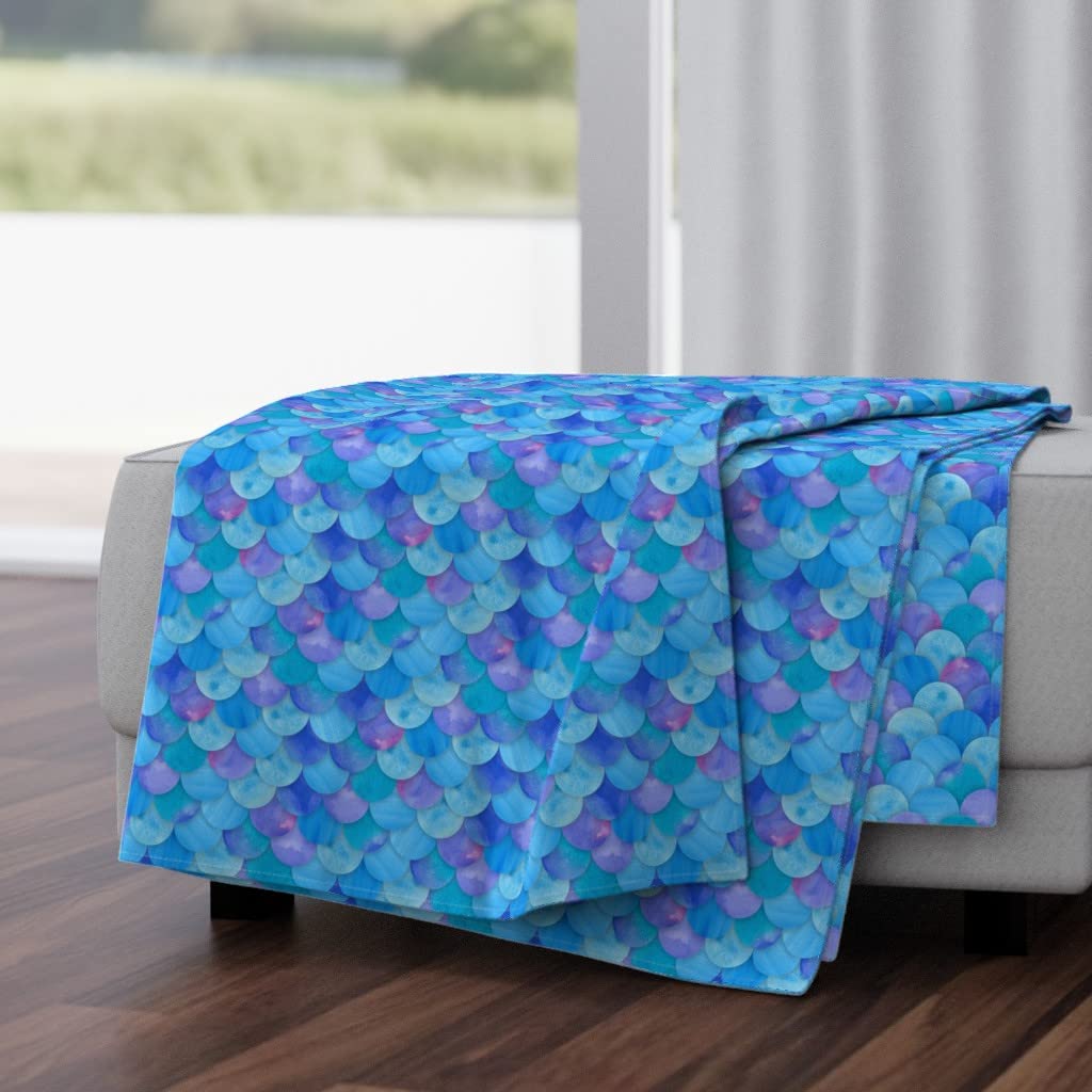 Soft Plush Minky Throw Blanket 50x70 Inches - Blue Mermaid Scales Watercolor Design | Summer Beach Nautical Decor | Cozy Couch, Bed, Sofa Blanket for Home & Travel