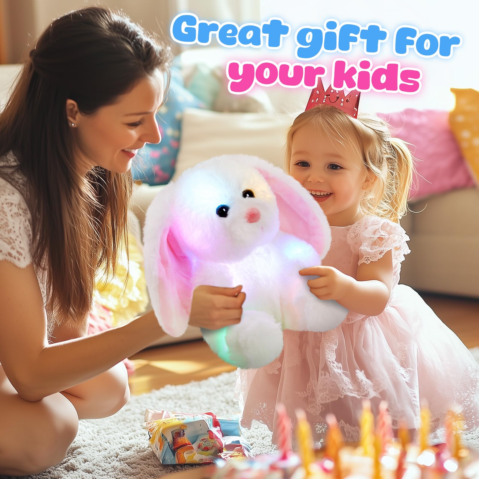 BSTAOFY LED Light Up White Bunny Stuffed Animal - Soft Plush Toy with Lop Ears, 8