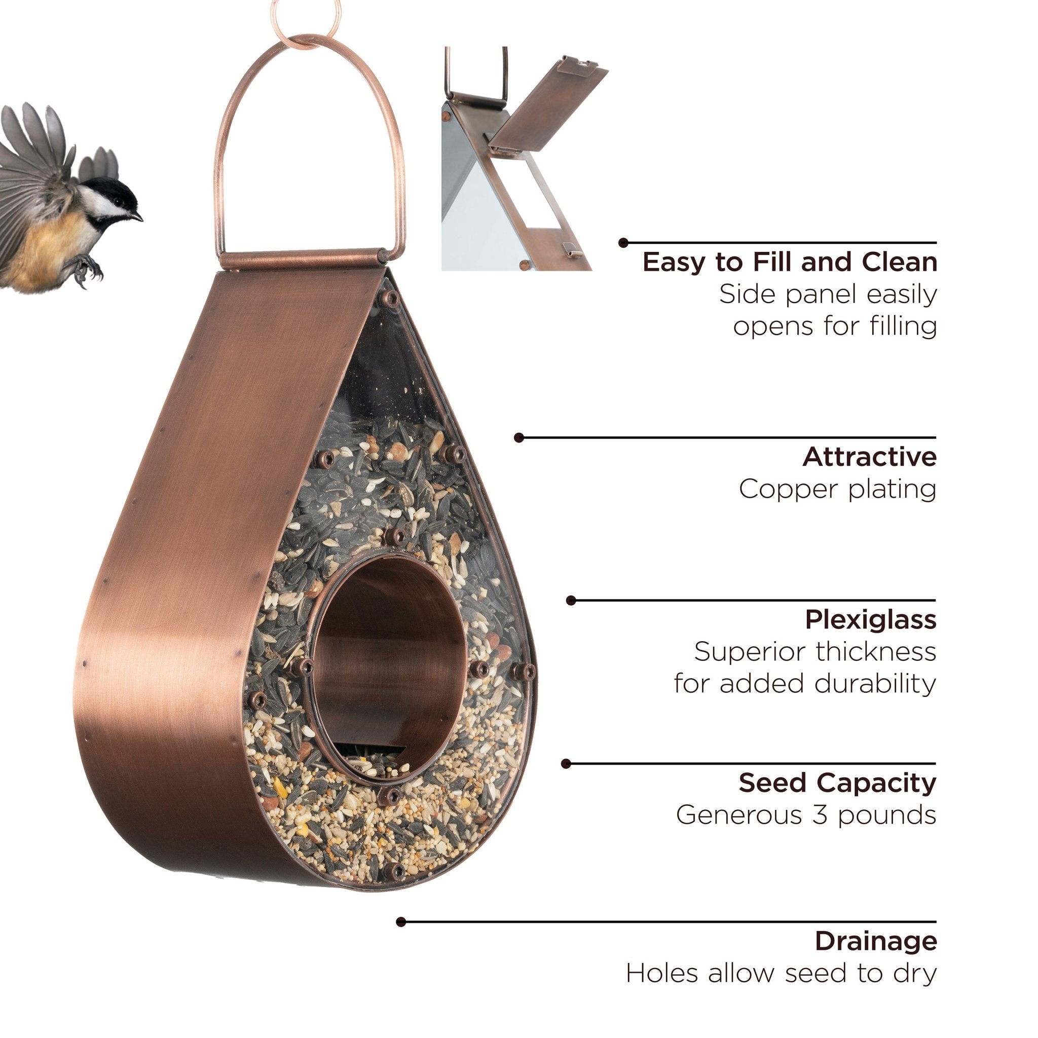 Copper Bird Feeder with Rain Drop Design - Durable Fly-Thru Feeder for Outdoor Garden, Patio, and Backyard Bird Watching
