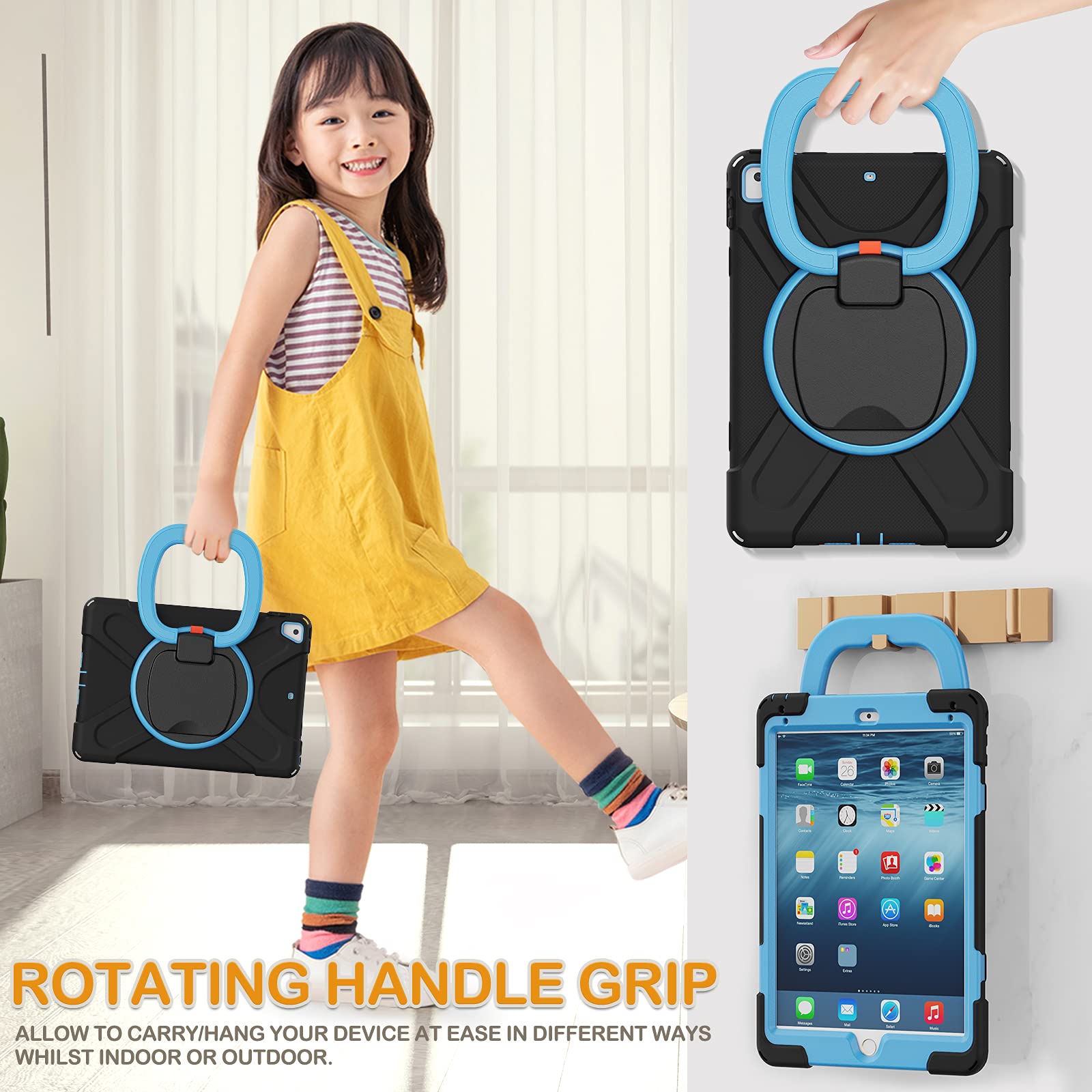BRAECN Rugged 360° Rotating Handle iPad Case for iPad 6th/5th Gen, iPad Air 2, iPad Pro 9.7 - Shockproof Silicone Cover with Pencil Holder, Kickstand & Shoulder Strap (Black+Blue) - Perfect for School, Travel & Outdoor Use