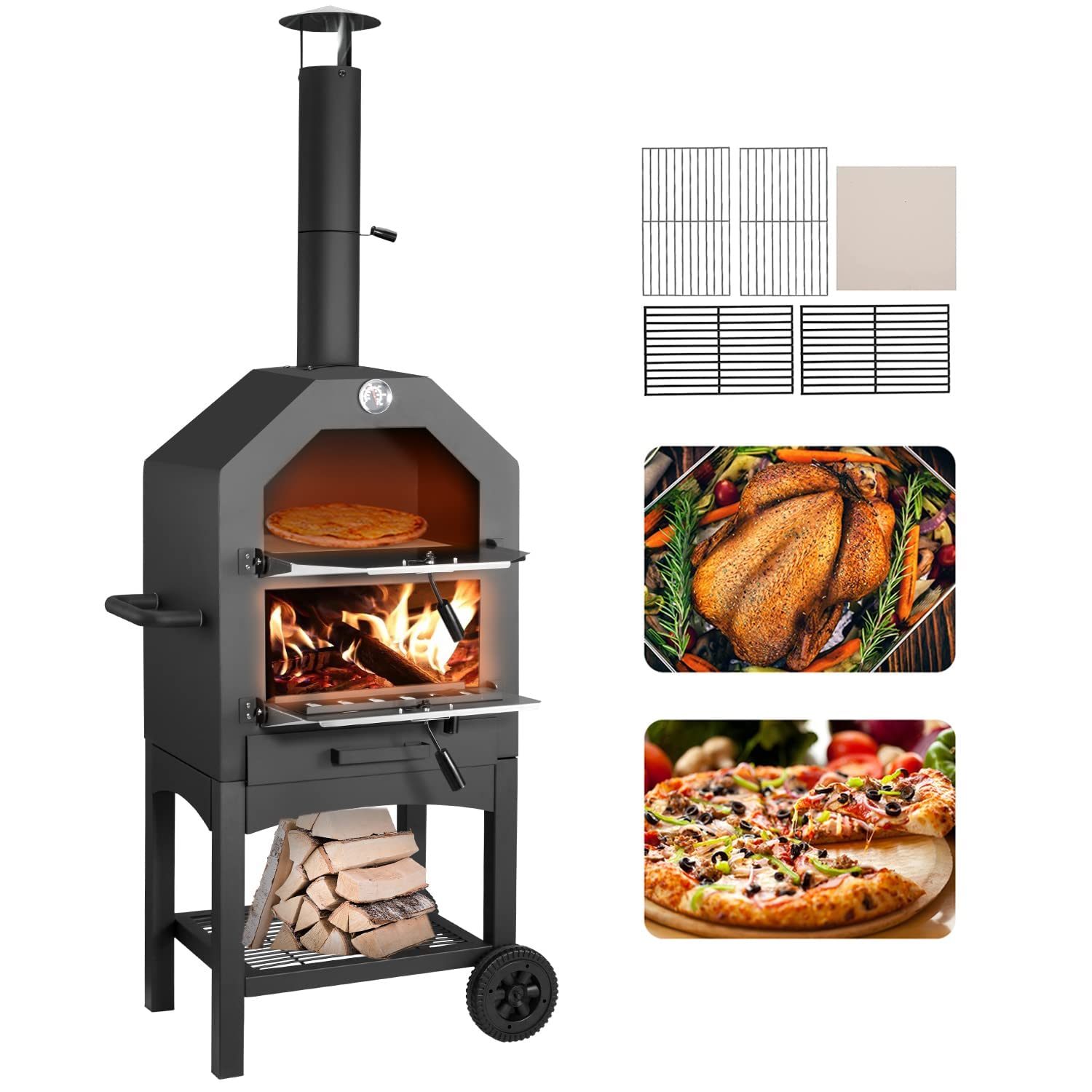 Aoxun 2-Layer Outdoor Wood Fire Pizza Oven with Pizza Stone - Portable Steel BBQ Grill for Backyard, Patio & Camping - Freestanding Pizza Maker with Wheels for Easy Mobility | Perfect for Outdoor Cooking, Parties & Family Gatherings