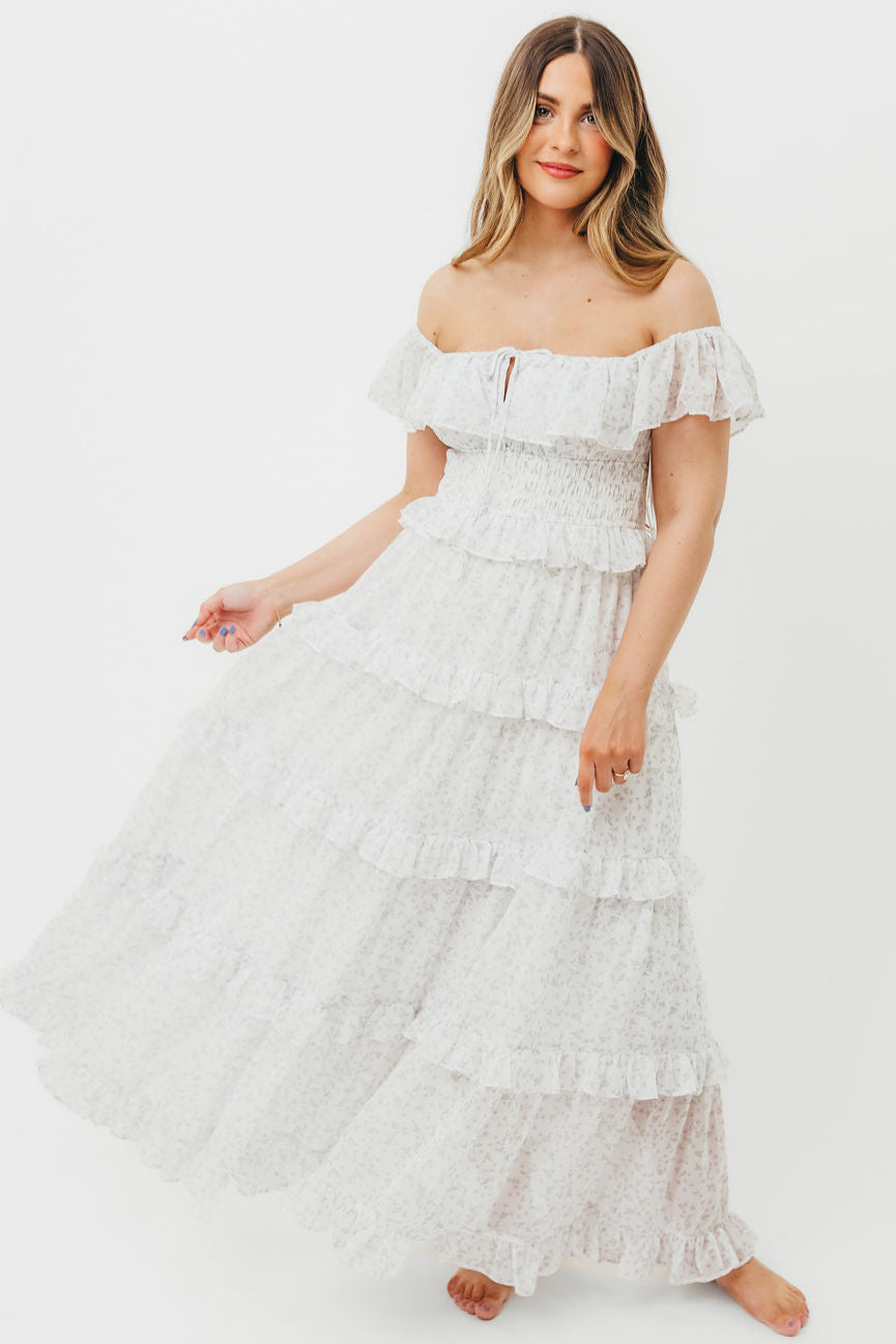 Astrid Ruffle Detail Maxi Dress in Lavender Floral - Bump Friendly Maternity Dress for Pregnancy & Nursing | Perfect for Baby Showers, Weddings & Summer Vacations