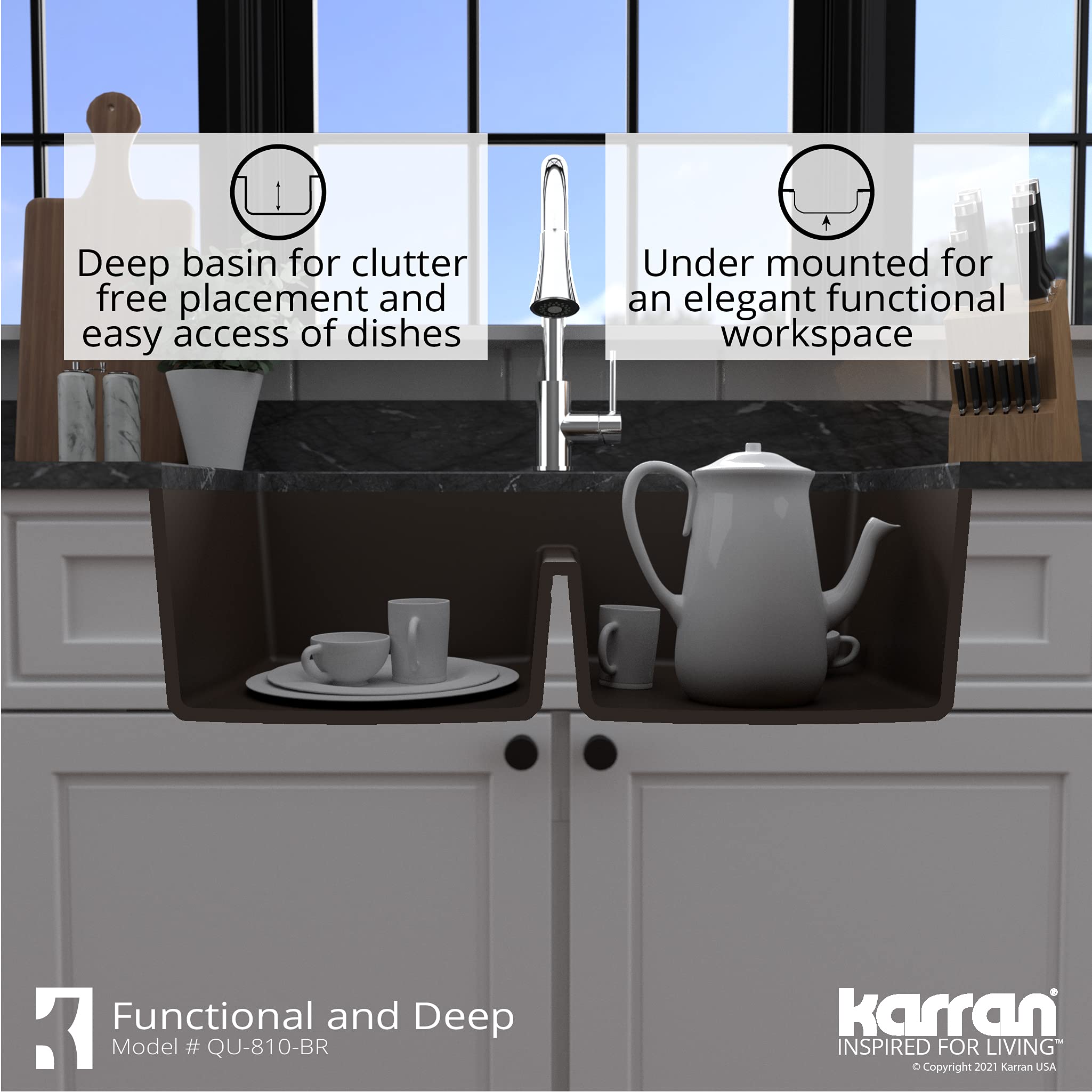 Karran QU-810 32-Inch Undermount Double Equal Bowl Quartz Kitchen Sink in Brown - Perfect for Modern Farmhouse & Contemporary Kitchen Designs
