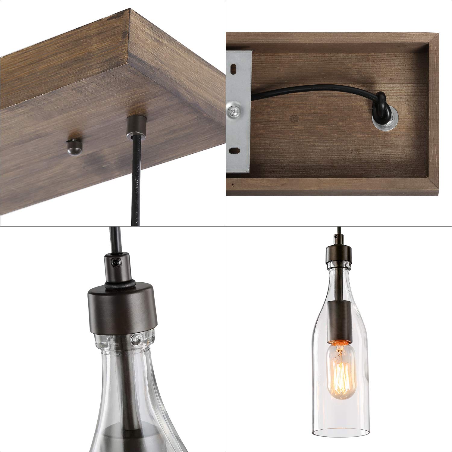 LNC Wooden Pendant Lights - Adjustable 3-Height Clear Glass Bottle Chandelier for Kitchen Island, Dining Room, Bar & Farmhouse Decor