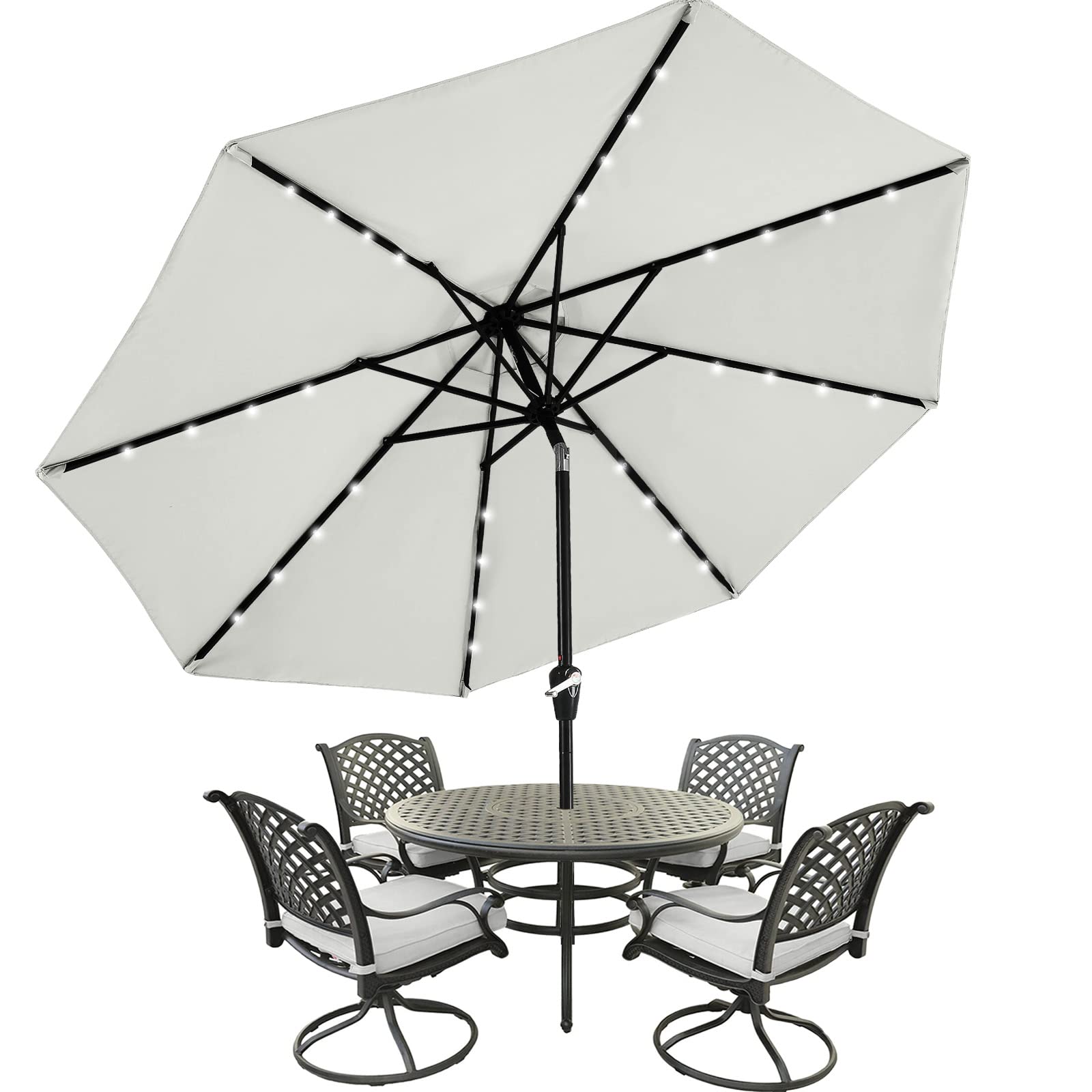 MASTERCANOPY 9ft Light Gray Patio Umbrella with 32 Solar LED Lights - 8 Ribs Outdoor Canopy for Garden, Poolside, and Backyard Relaxation