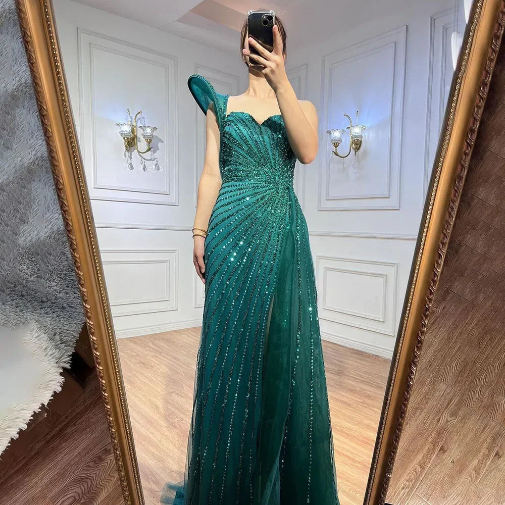 Luxury Dubai Green Mermaid High Split One Shoulder Beaded Evening Dress Gown for Wedding Party LA71779 - Perfect for Prom, Gala, Red Carpet & Formal Events