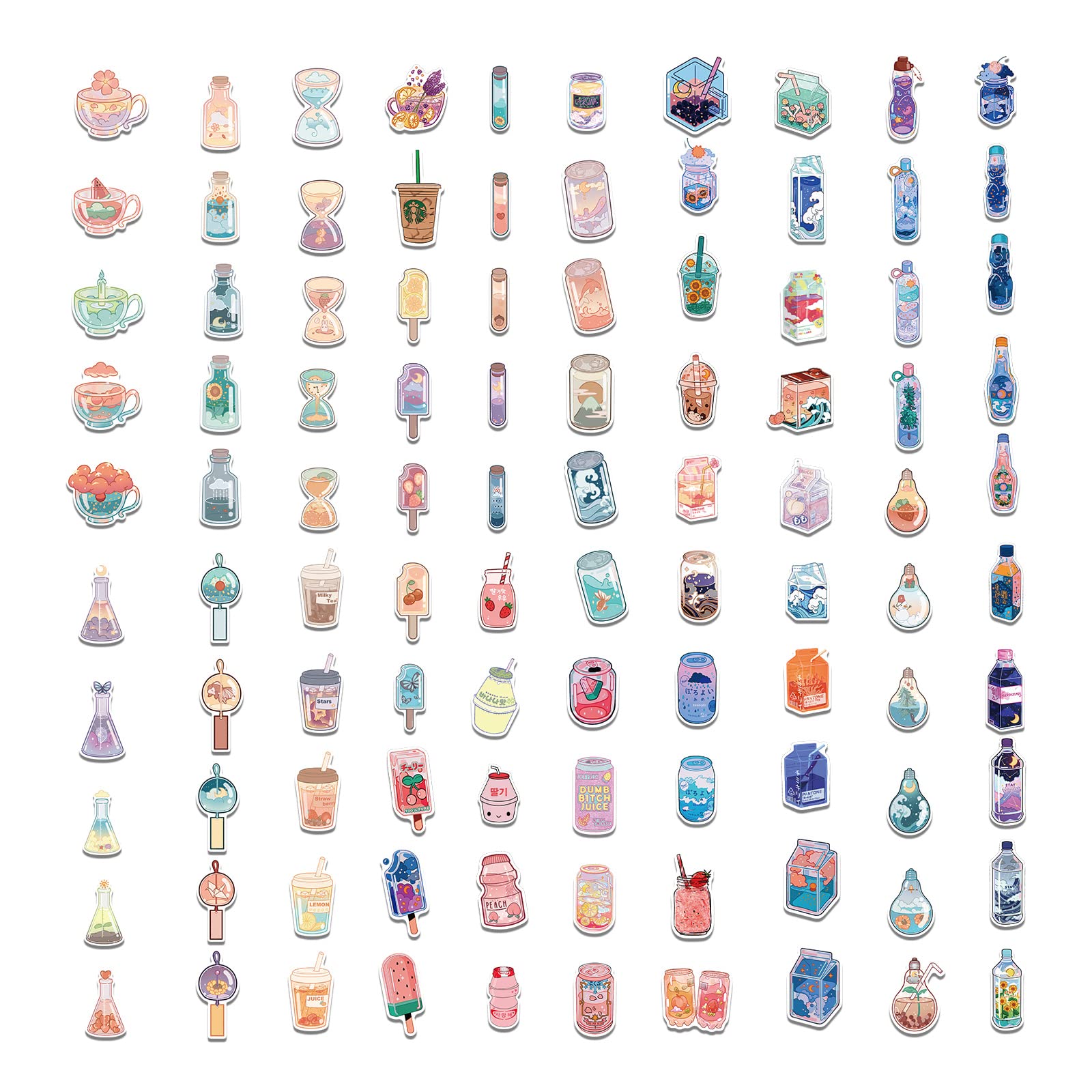 KINBOM 100pcs Cute Kawaii Drink Stickers - Aesthetic Water Bottle Stickers, Cartoon Beverage Decals for Laptop, Skateboard, Luggage - Perfect for Kids, Teens & Adults - Great for DIY Crafts, School Supplies & Personalizing Water Bottles