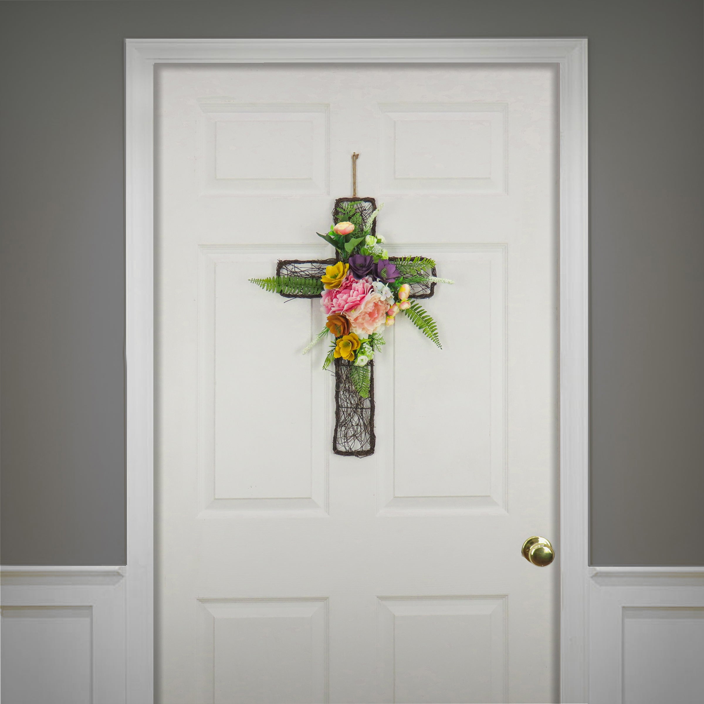 23 Inch Easter Floral Cross Wall Hanging Decor - Religious Home Decor for Spring, Church Altar & Holiday Table Centerpiece