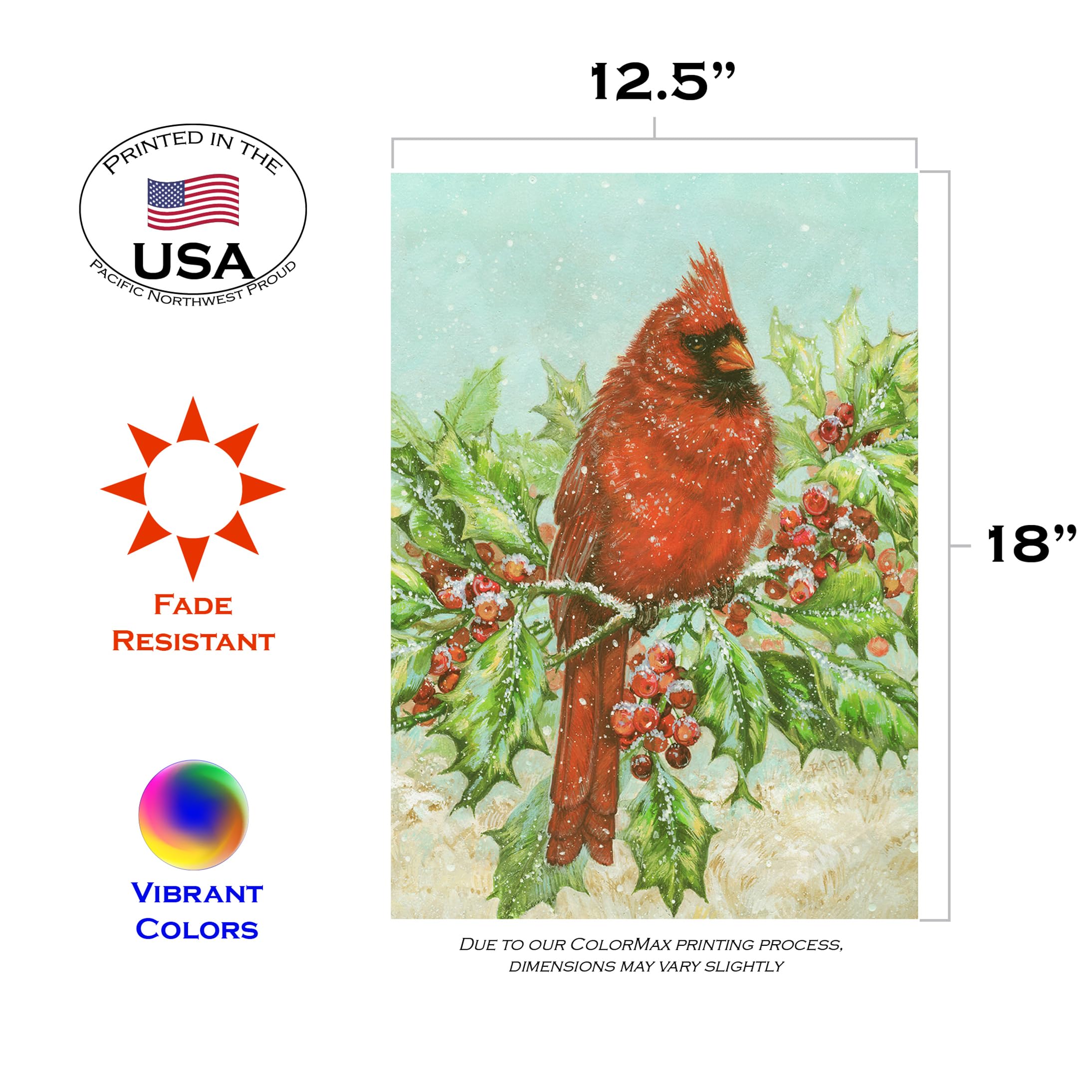Toland Home Garden 12x18 Inch Double Sided Winter Holly Cardinal Flag - Outdoor Holiday Decoration for Yard, House & Garden - Perfect for Christmas, Winter Season & Front Porch Decor