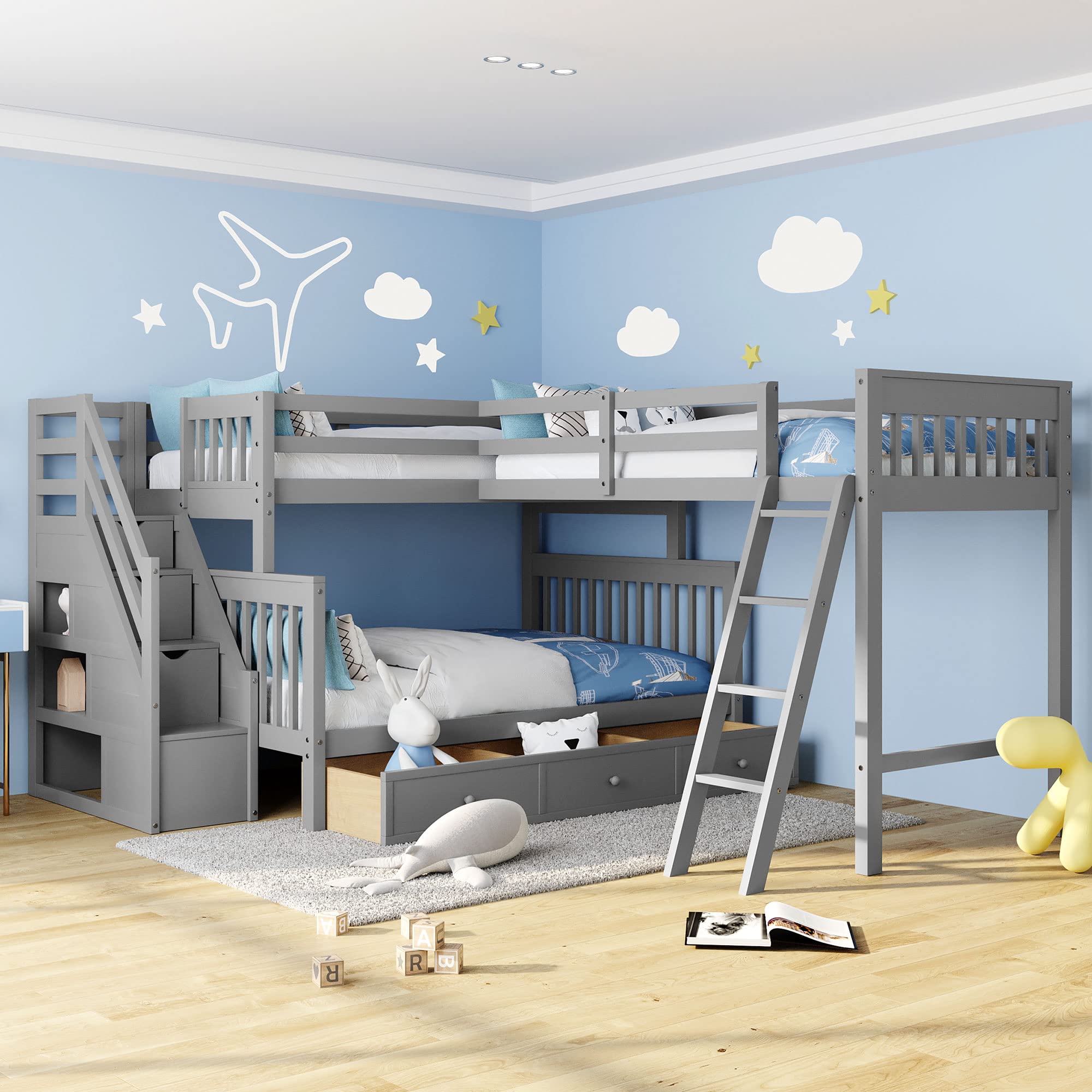 Modern L-Shaped Solid Wood Triple Bed with Storage Staircase - Twin over Full Bunk Bed with 3 Drawers, Loft Bed Frame with Ladder & Safety Guardrail for Adults, Teens & Kids - Space-Saving Solution for Small Bedrooms, Guest Rooms & Dorm Rooms (Grey)