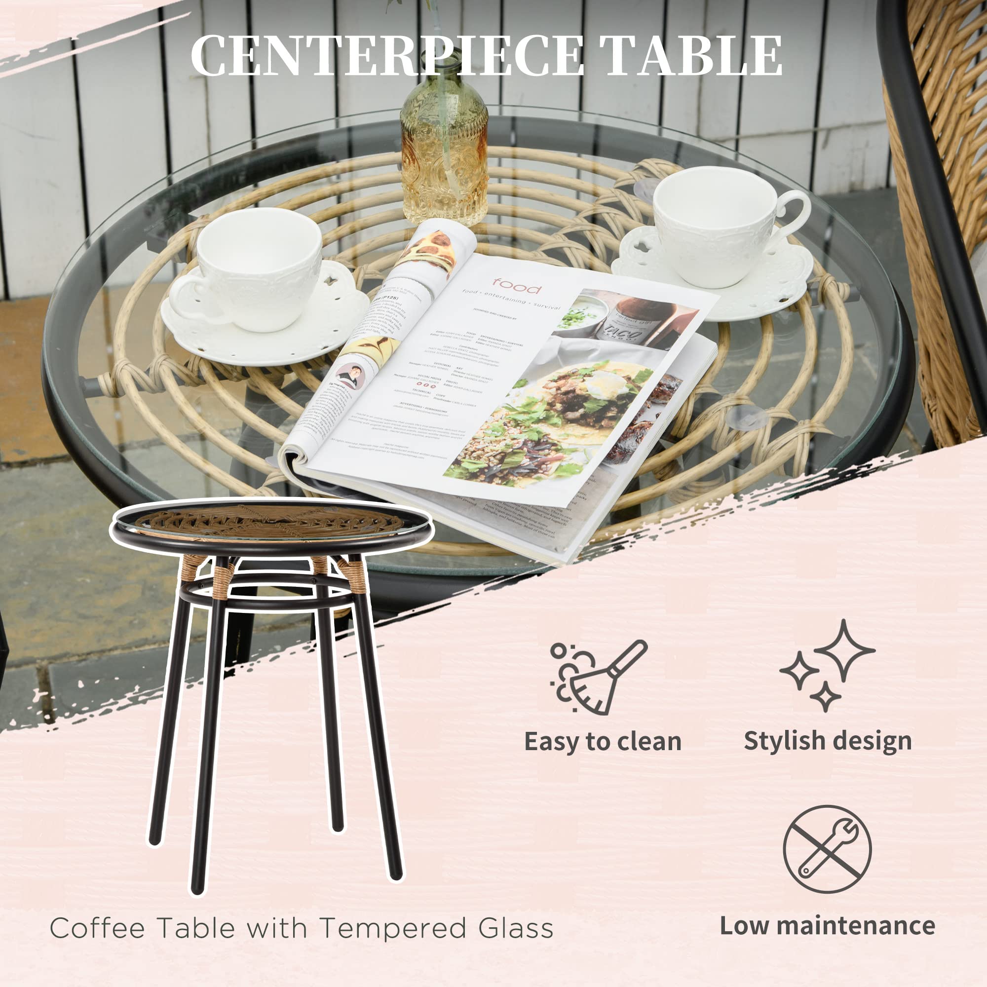 Outsunny 3-Piece Patio Set - PE Rattan Wicker Outdoor Bistro Table and Chairs with Cushions & Tempered Glass Top | Hand-Woven Barrel-Style Garden Furniture for Backyard, Porch, Poolside (Cream White) | Perfect for Outdoor Dining, Relaxing & Entertaining