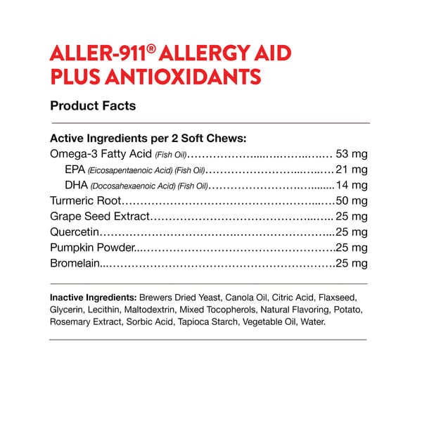 NaturVet Aller-911 Allergy Aid Plus Antioxidants Soft Chews for Dogs - Itchy Skin Relief & Immune Support for Small, Medium & Large Breeds - Perfect for Seasonal Allergies & Daily Wellness