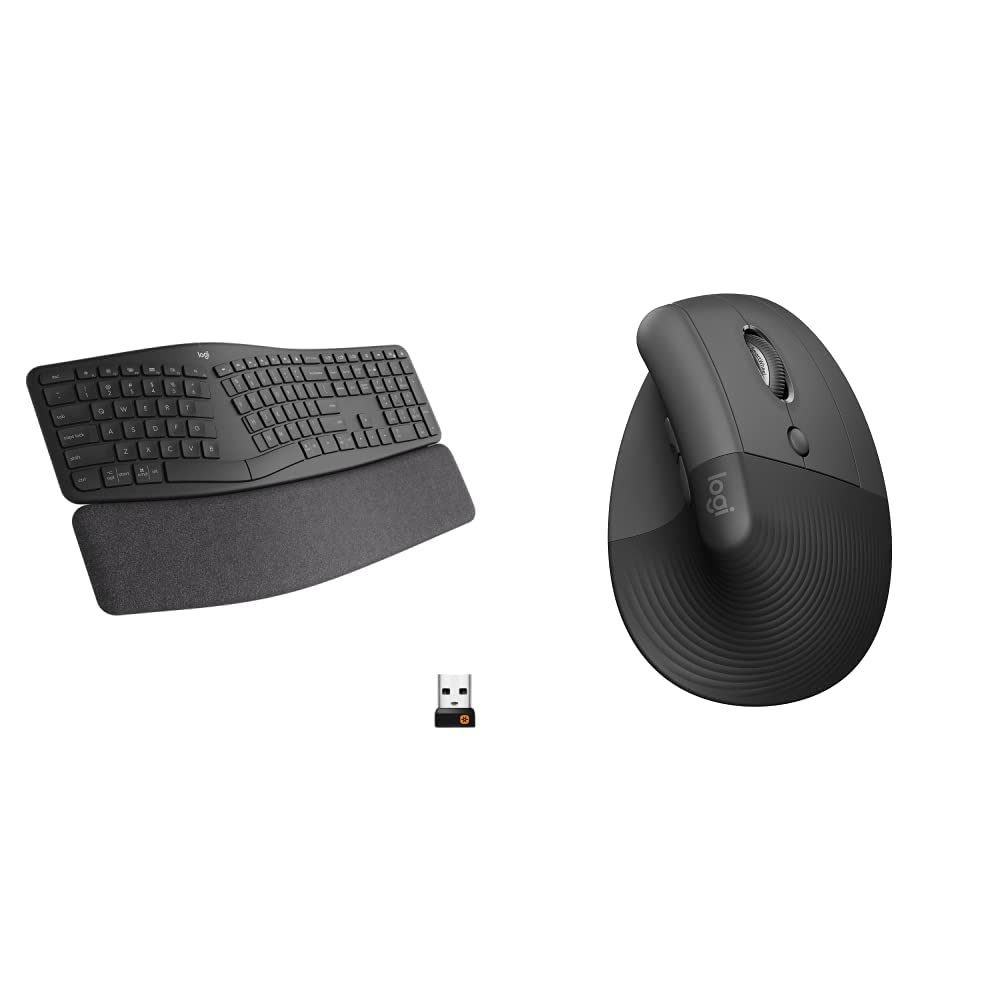 Logitech ERGO K860 Wireless Ergonomic Keyboard & Lift Vertical Mouse - Bluetooth/USB Receiver, Quiet Clicks, 4-Button Design (Graphite) - Perfect for Office Work, Programming & Long Typing Sessions
