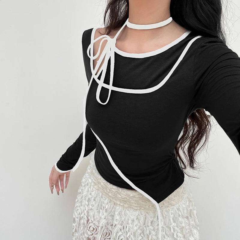 Women's Asymmetrical Folds Spliced Long Sleeve Halter Neck Slim Fit Casual T-Shirt | Korean Style Autumn Top | Perfect for Daily Wear, Office Outfits & Date Nights