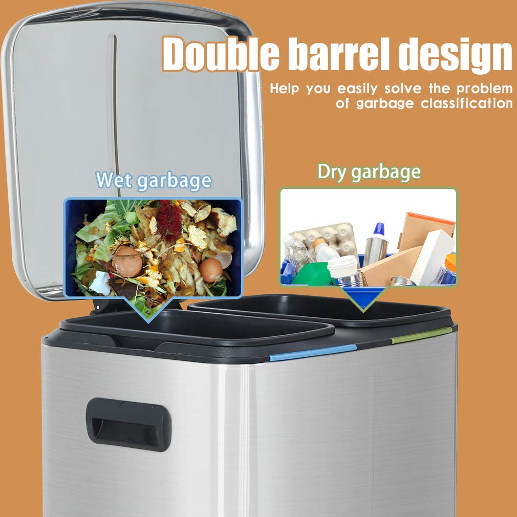 10 Gallon (40L) Stainless Steel Step Trash Can with Lid - Large Metal Waste Bin for Office, Kitchen, Bathroom - Includes 2 Removable Liner Buckets - Perfect for Recycling, Garbage Disposal & Home Organization