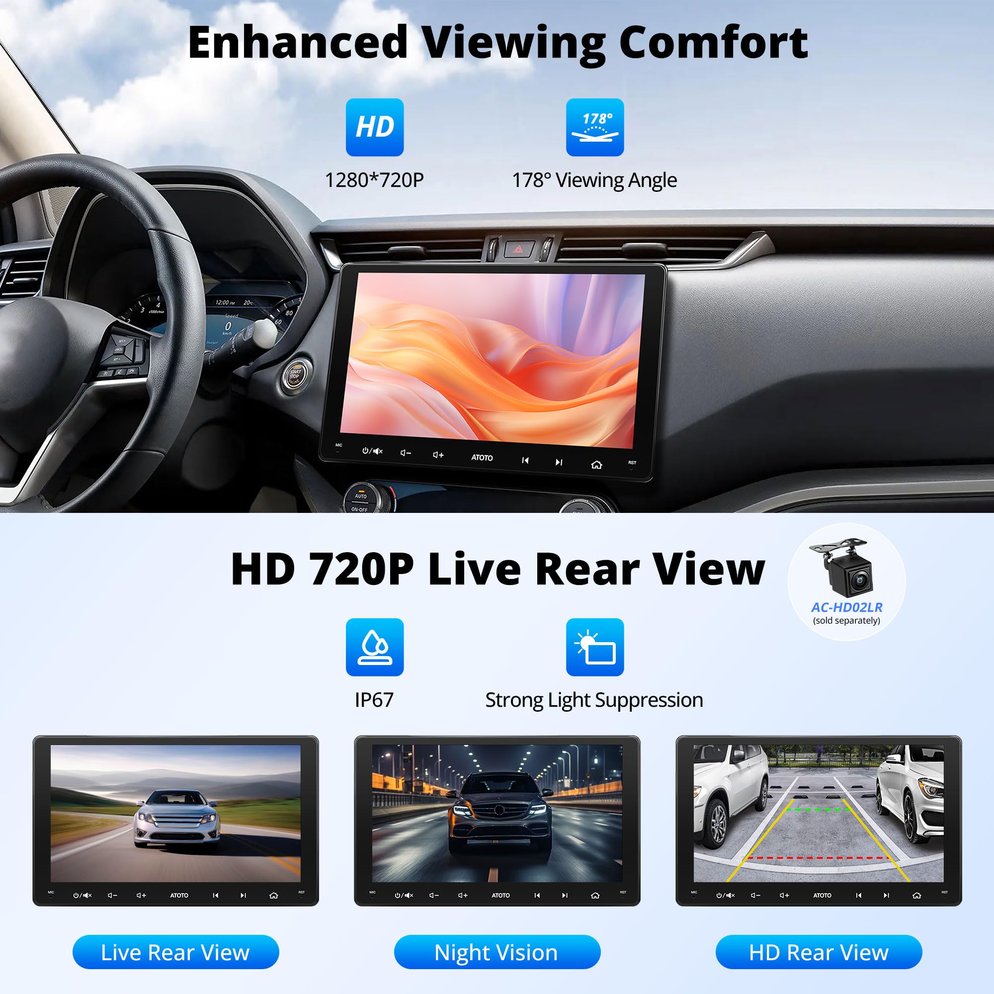 ATOTO 9 Inch Android Car Stereo Double Din Head Unit with Dash & Rear View Camera - 2GB RAM 32GB ROM, Wireless Apple CarPlay & Android Auto, Mirror Link, GPS Navigation, Dual Bluetooth, WiFi/BT/USB Tethering, HD LRV - Perfect for Road Trips & Daily Commuting