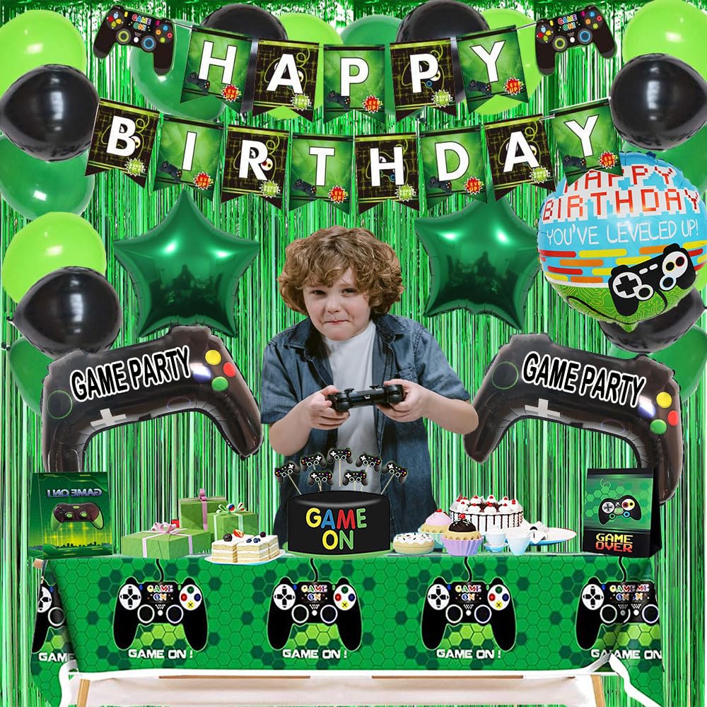 Video Game Themed Party Decorations Set - Happy Birthday Banner, Balloons, Tablecloth, Foil Curtain & Cake Toppers for Boys & Family Celebrations | Perfect for Gaming Birthday Parties, Kids Events & Family Gatherings