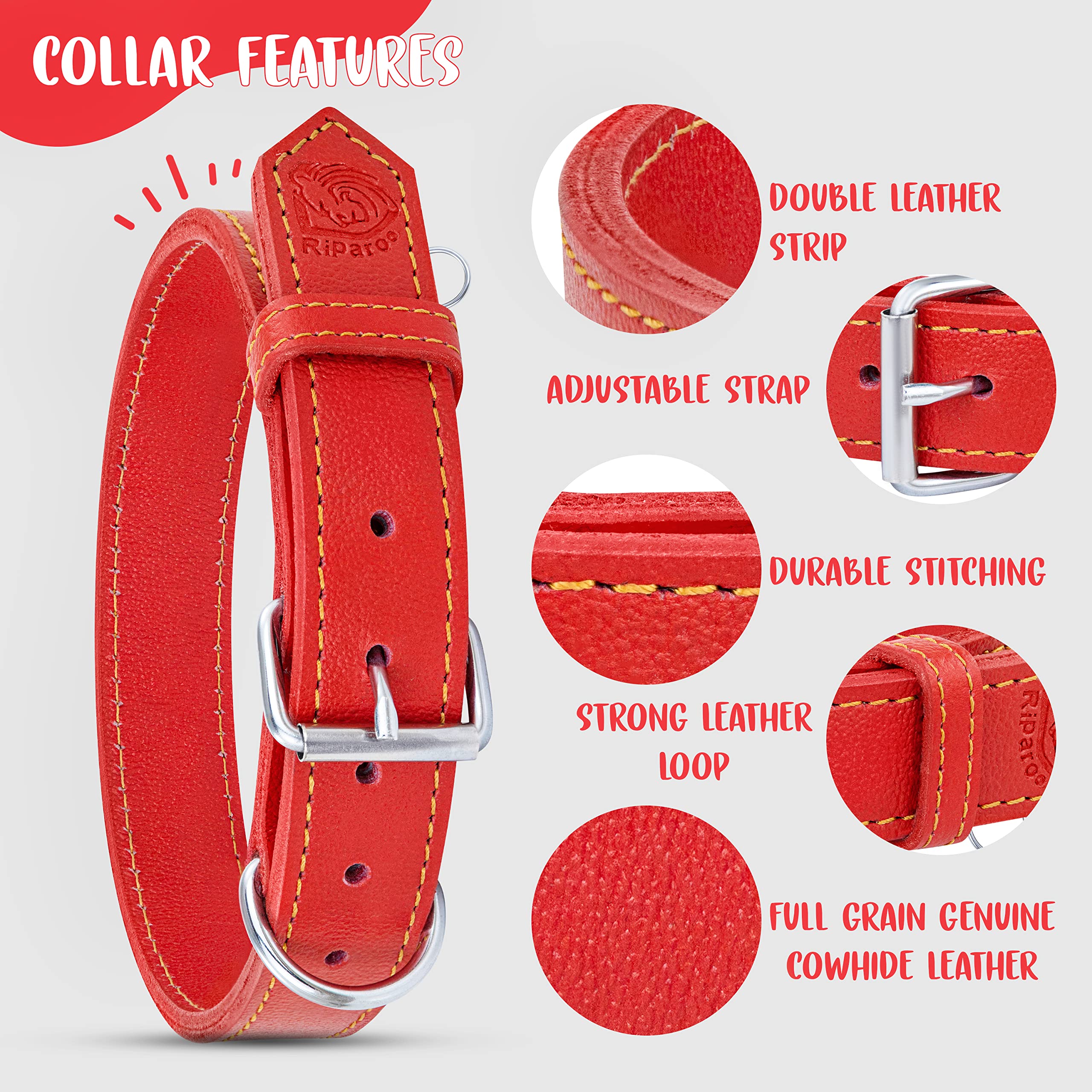 Premium Genuine Leather Dog Collar - Adjustable Heavy Duty Collar for Medium, Large & XL Breeds (XXL, Red) - Durable Pet Training Collar for Walking, Hiking & Outdoor Adventures