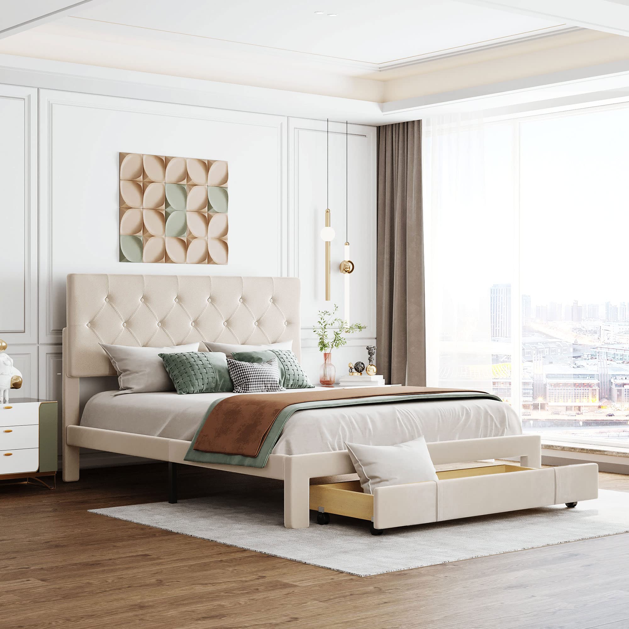Queen Size Storage Bed with Large Drawer - Velvet Upholstered Platform Bed Frame with Classic Headboard | No Box Spring Needed | Beige Bedroom Furniture for Small Spaces & Guest Rooms