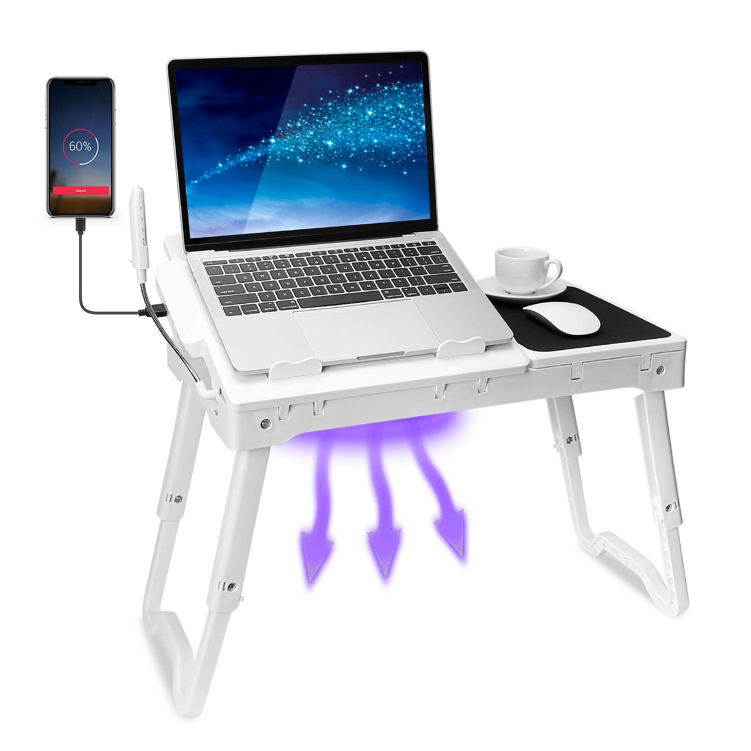 Adjustable Laptop Table for Bed with Cooling Fan - Portable Lap Desk with 4 USB Ports, Foldable Legs, LED Light & Mouse Pad - White - Perfect for Working, Studying or Watching Movies in Bed, Sofa or Couch
