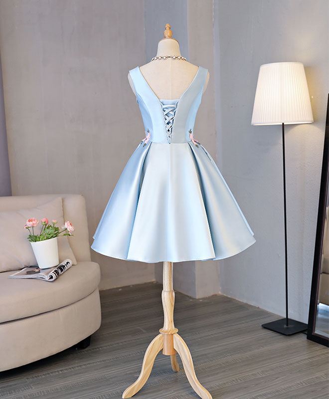 Elegant Blue Satin Applique Short Prom Dress | Homecoming Party Gown | Perfect for Prom Night, Homecoming Dance & Special Occasions