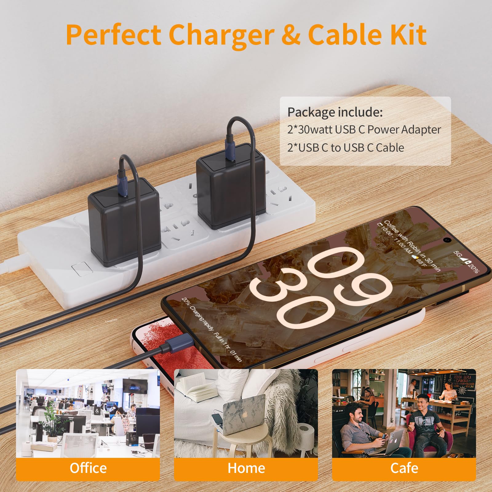 30W PD USB C Fast Charger - Quick Charge 3.0 Compatible with Google Pixel 9 Pro XL/8/7/6 Series, Samsung Galaxy S24/S23 - Includes 6.6ft Type C Cable for Fast Charging at Home, Office & Travel