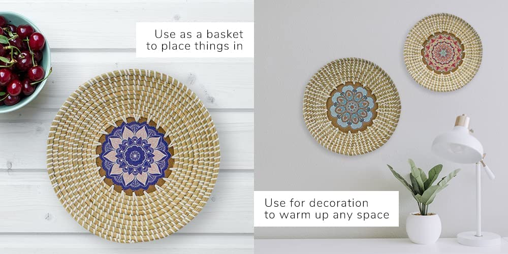 Set of 3 Boho Woven Hanging Wall Baskets - Natural Rattan & Seagrass Wicker Decor for Home, Kitchen, or Office - Perfect for Fruit Bowls, Serving Trays, and Decorative Wall Plates