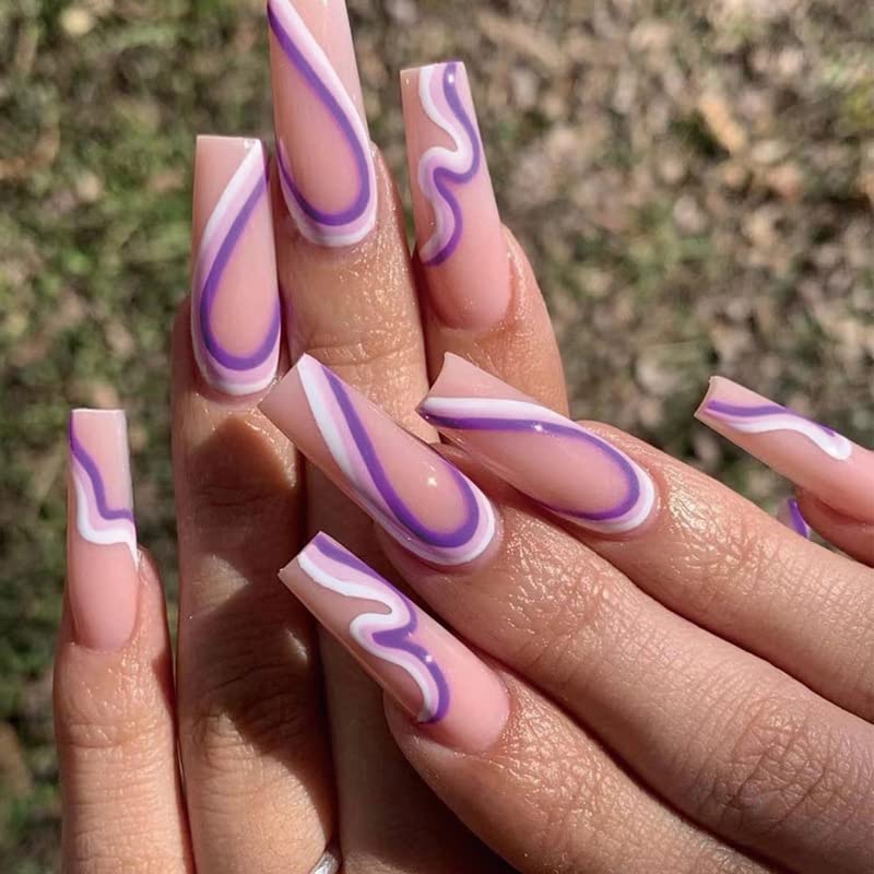 24 Pcs Coffin Press on Nails - Medium Length Pink Purple White Swirl French Design Fake Nails with Glue | Ballet Nail Art for Women & Girls | Perfect for Parties, Weddings, Prom & Daily Wear