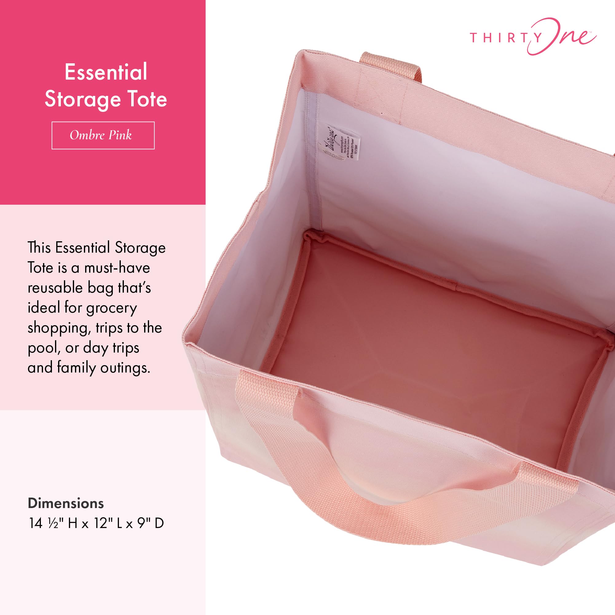 THIRTY-ONE Gifts Essential Storage Tote Bag - Large Reusable Grocery Shopping Bag with Durable Handles for Travel, Beach, Work & Home Organization | Perfect for Groceries, Gym, Picnics & Daily Errands