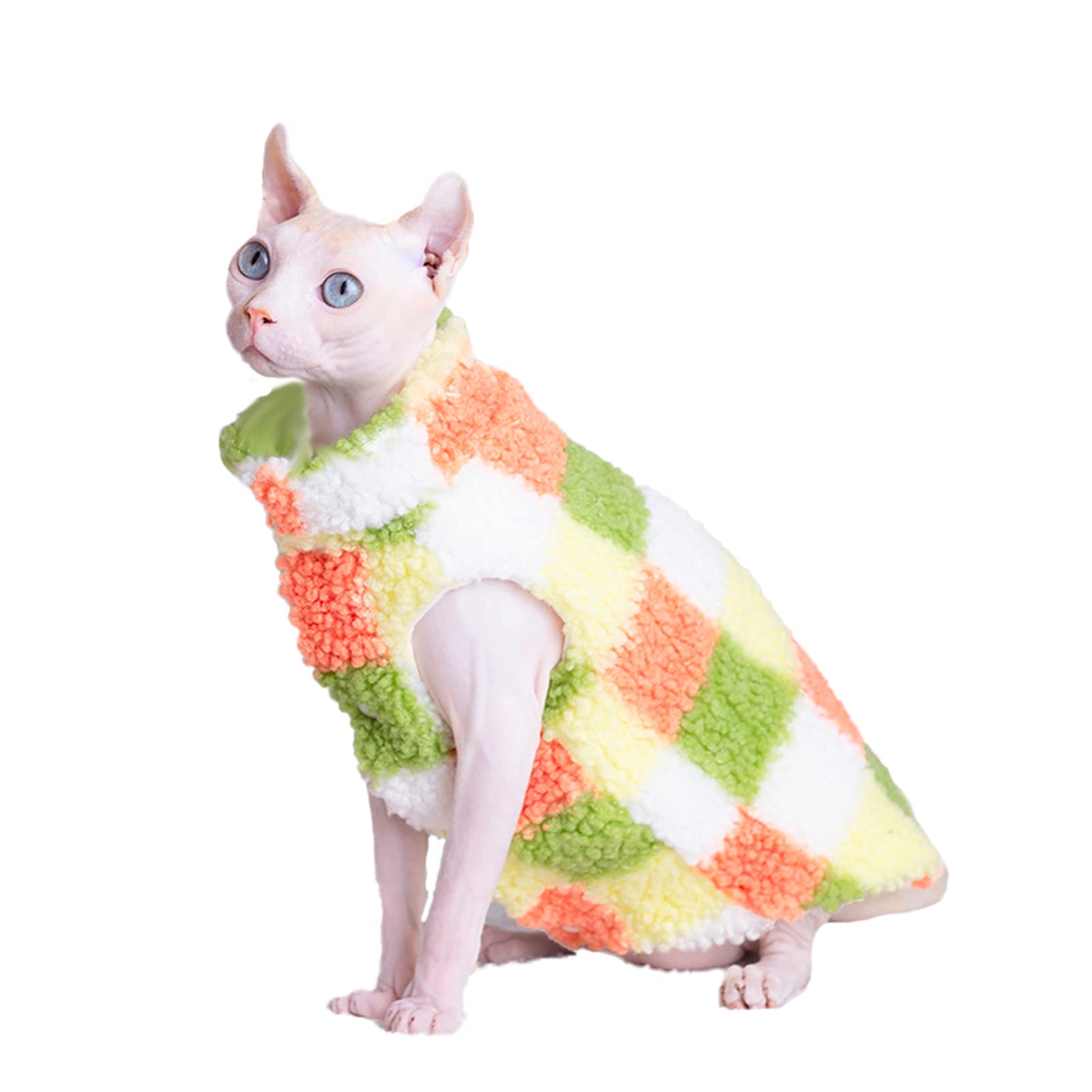 Warm Faux Fur Sweater & Vintage Plaid Coat for Sphynx Cats – Soft Winter Pajamas & Apparel for Hairless Cats – Cozy Pet Outfits for Indoor & Outdoor Use