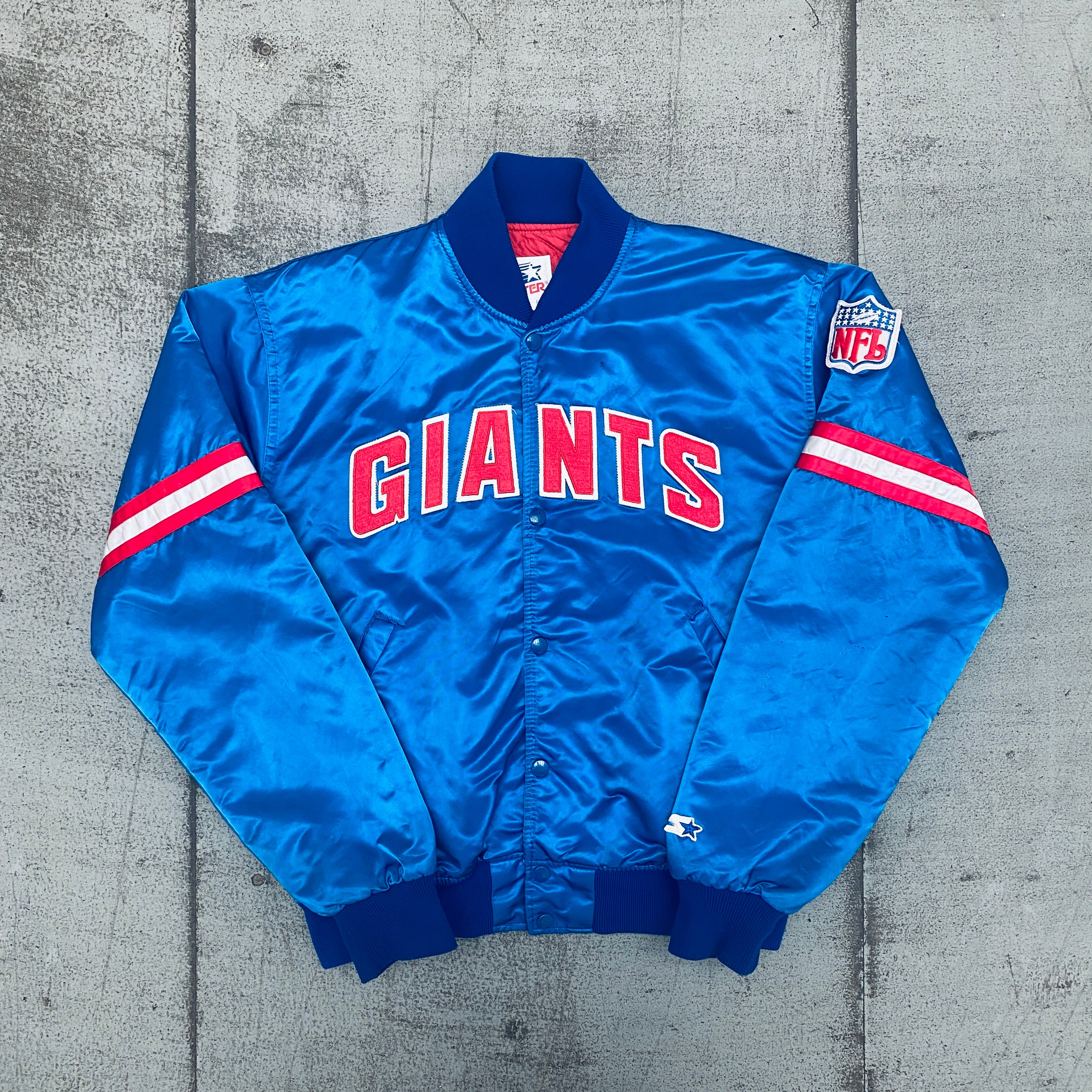 Vintage 1980s New York Giants Satin Starter Bomber Jacket - Large Size | Retro NFL Football Fan Apparel for Game Day & Casual Wear