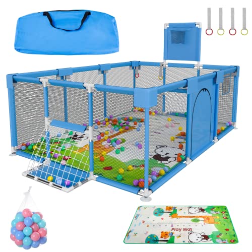 MONBLAM Extra Large Baby Playpen with Play Mat (71×48 Inches) - Toddler Play Center with Soccer Nets, Basketball Hoop & 50 Balls - Kids Activity Gym with Breathable Mesh - Perfect for Indoor Playtime, Exercise & Learning (Assembly Required)
