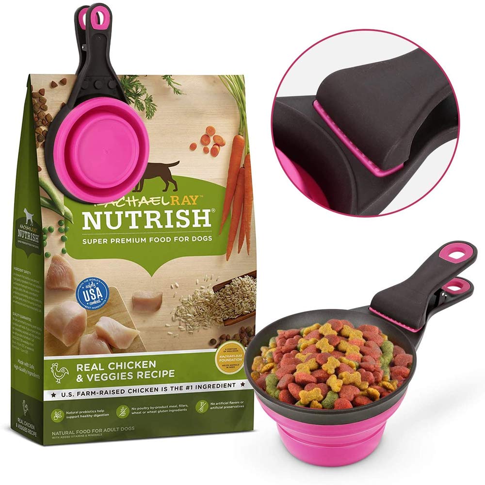 Buyter 3-in-1 TPE Pet Scoop - Folding Dog Food Container with Measuring Cup & Grain Bag Holder (Large, Pink) | Perfect for Travel, Camping & Daily Pet Feeding