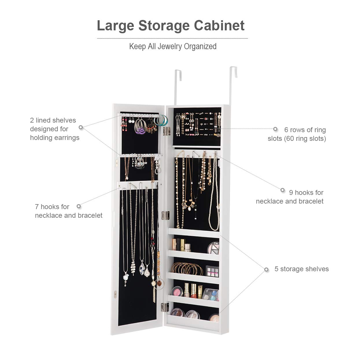 Giantex Jewelry Cabinet Armoire with Full Length Mirror - Wall Mounted Jewelry Organizer with 5 Storage Shelves for Bracelets, Rings & Cosmetics | Perfect for Bedroom, Closet & Dressing Room Organization