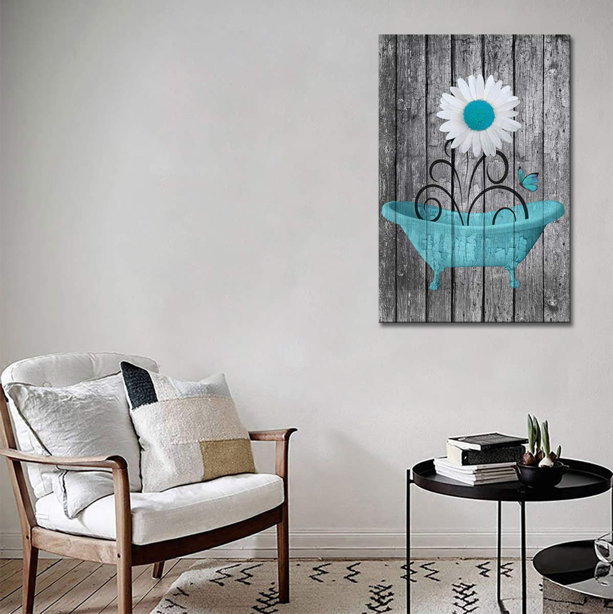 Modern Daisy Canvas Wall Art - Rustic Wood Background Framed Flower Painting 16x24 Inch - Ready to Hang Bathroom, Bedroom, Living Room & Office Decor - Blue Floral Artwork for Home & Spa Relaxation