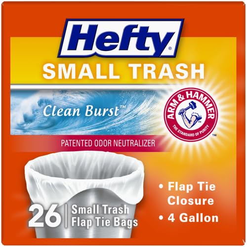 Hefty Small 4 Gallon Flap Tie Garbage Bags - 26 Count, Clean Burst Scent | Perfect for Office, Bathroom & Small Trash Cans