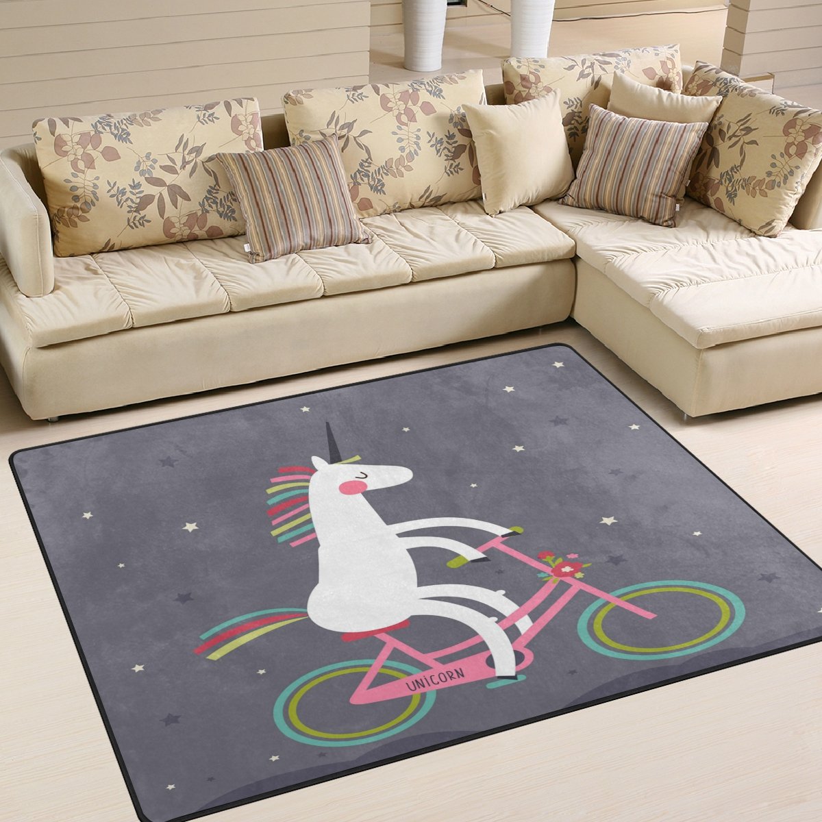 ALAZA Retro Unicorn Riding Bicycle Star Area Rug - 5'3