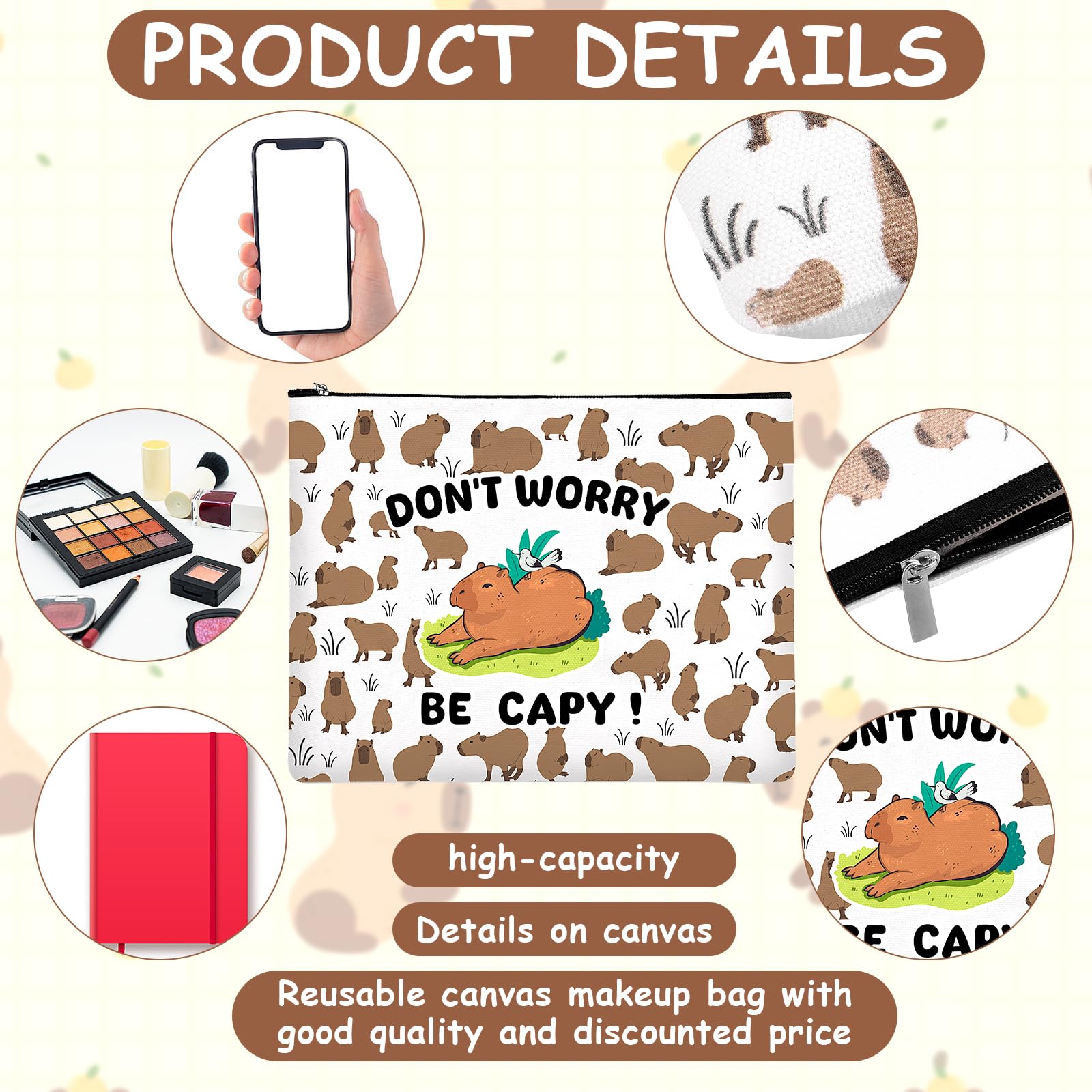 4PCS Kawaii Capybara Makeup Bags - Waterproof Canvas Cosmetic Organizer with Zipper for Travel, Toiletries & Jewelry Storage - Perfect Gift for Women, Girls (Birthday, Graduation, Friendship) - Cute Capybara Lover Accessories for Daily Use & Gifting