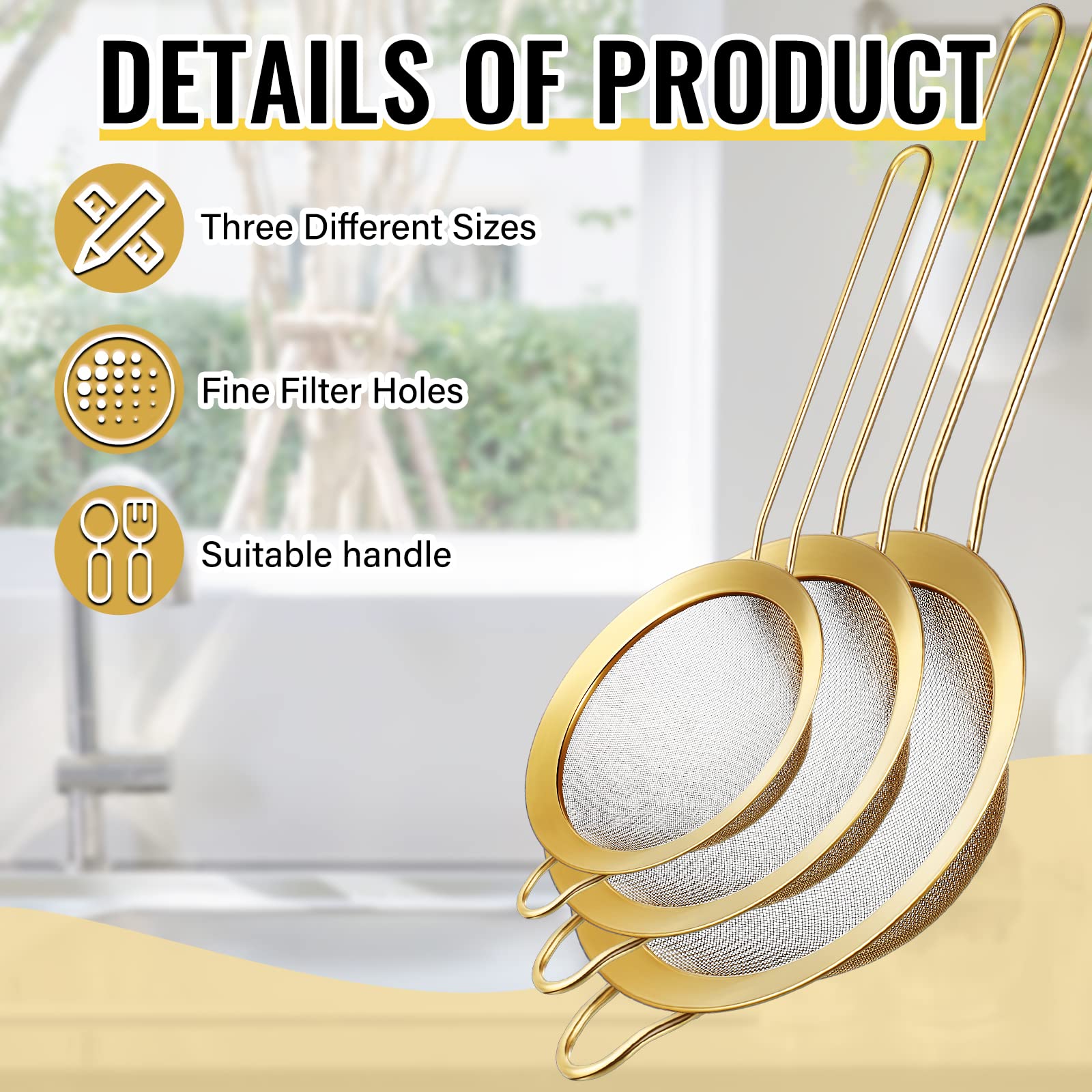 5 Quart Stainless Steel Gold Colander & 3-Piece Fine Mesh Strainer Set - Pasta, Rice & Food Strainer with Handles - Dishwasher Safe & Easy Clean - Perfect for Cooking, Baking & Kitchen Prep