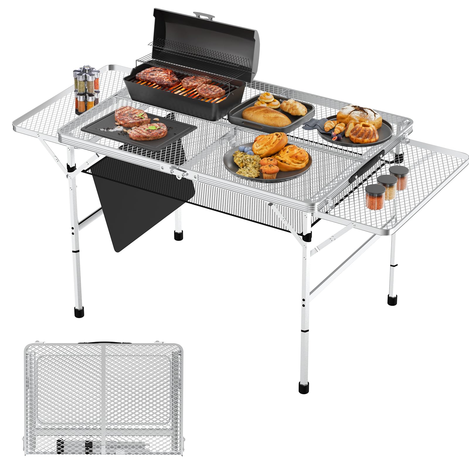 WildFinder 3x2 FT Adjustable Height Folding Camping Table with 2 Wing Panels & Mesh Desktop - Portable Outdoor Picnic BBQ Beach Table with Carry Bag (Silver) - Perfect for Camping, Tailgating, Backyard Parties & Beach Outings