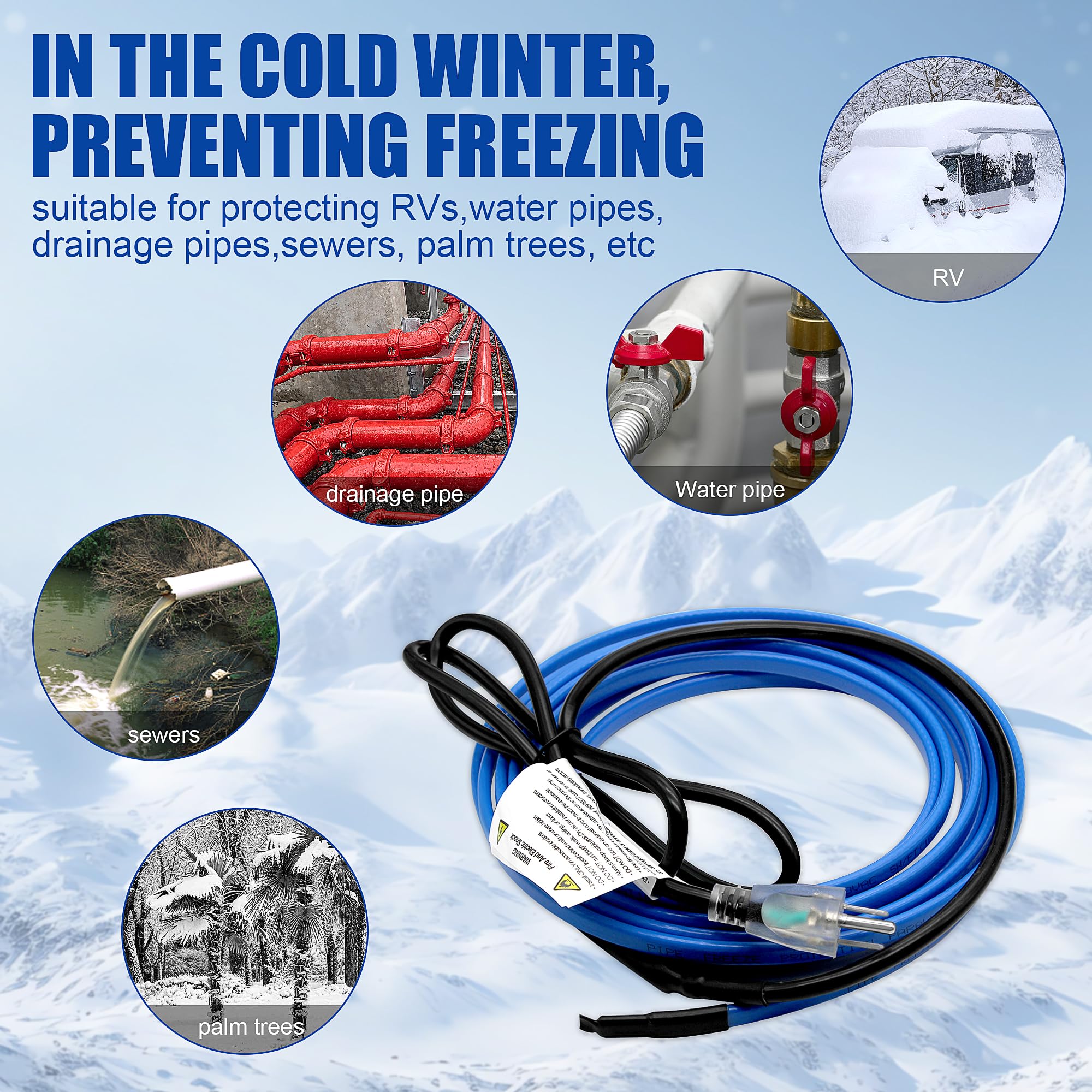 Self-Regulating Heat Tape for Pipe Freeze Protection - 15FT Water Pipe Heating Cable for Metal & Plastic Pipes | Indoor/Outdoor Use for Home, RV & Garden Pipes in Winter