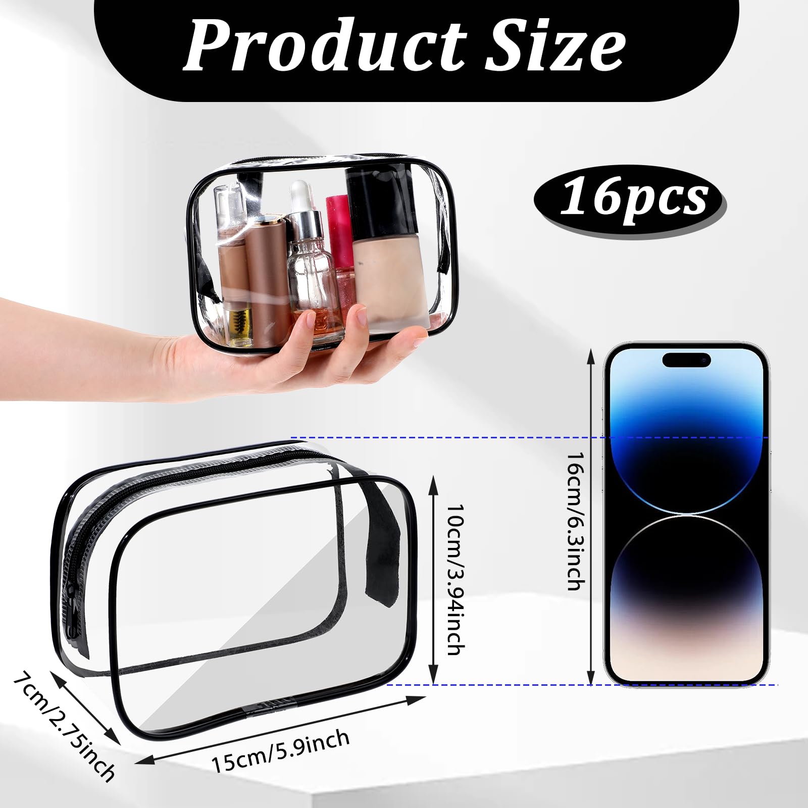 16 Pcs Clear PVC Cosmetic Bags Bulk - Waterproof Travel Makeup & Toiletry Organizer with Zipper for Women & Men | Perfect for Airplane Carry-on, Gym Essentials & Bathroom Storage