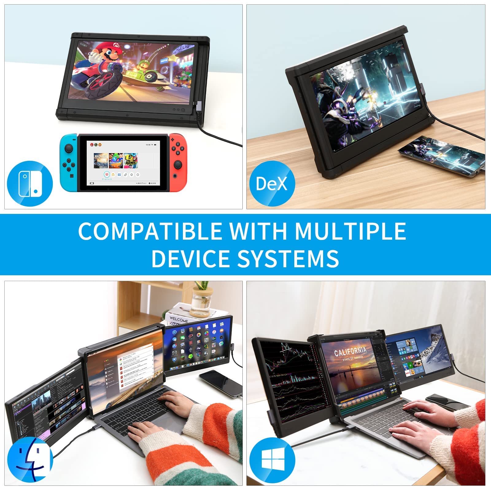 Alecewey P2 Triple Portable Monitor for Laptop - 12 Inch FHD 1080P IPS Display with USB-C/HDMI Ports, Built-in Speakers - Compatible with Mac, Windows, Phone (13-16 Inch) - Perfect for Office Work, Gaming & Multi-Tasking
