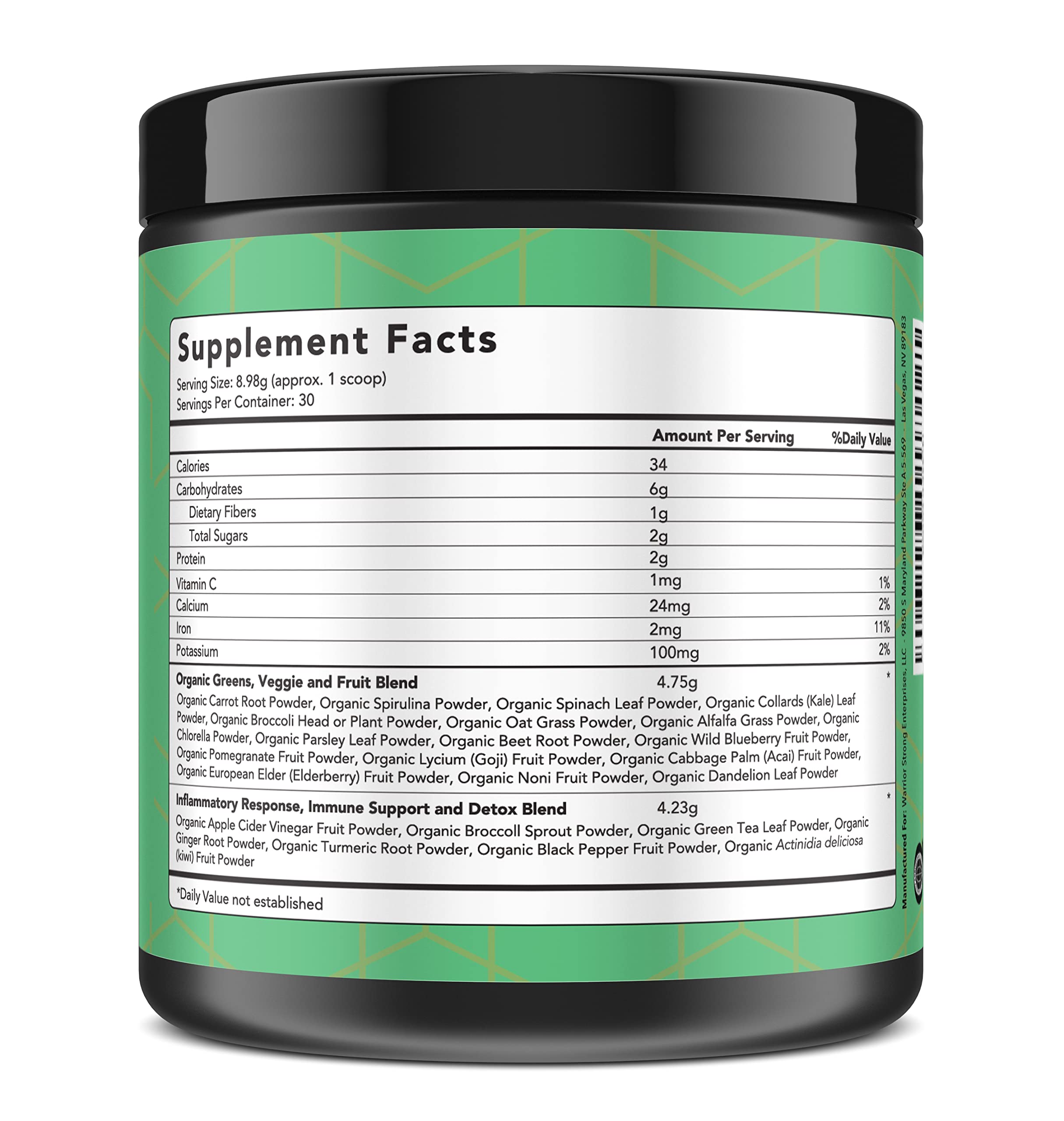 Certified Organic Greens Powder - 30 Servings - Superfood Supplement with Spirulina, Wheatgrass & Kale - Energy Boosting Detox Drink - Vegan Fruit & Vegetable Powder with Apple Cider Vinegar & Green Tea Extract - Perfect for Smoothies, Juices & Post-Workout Recovery