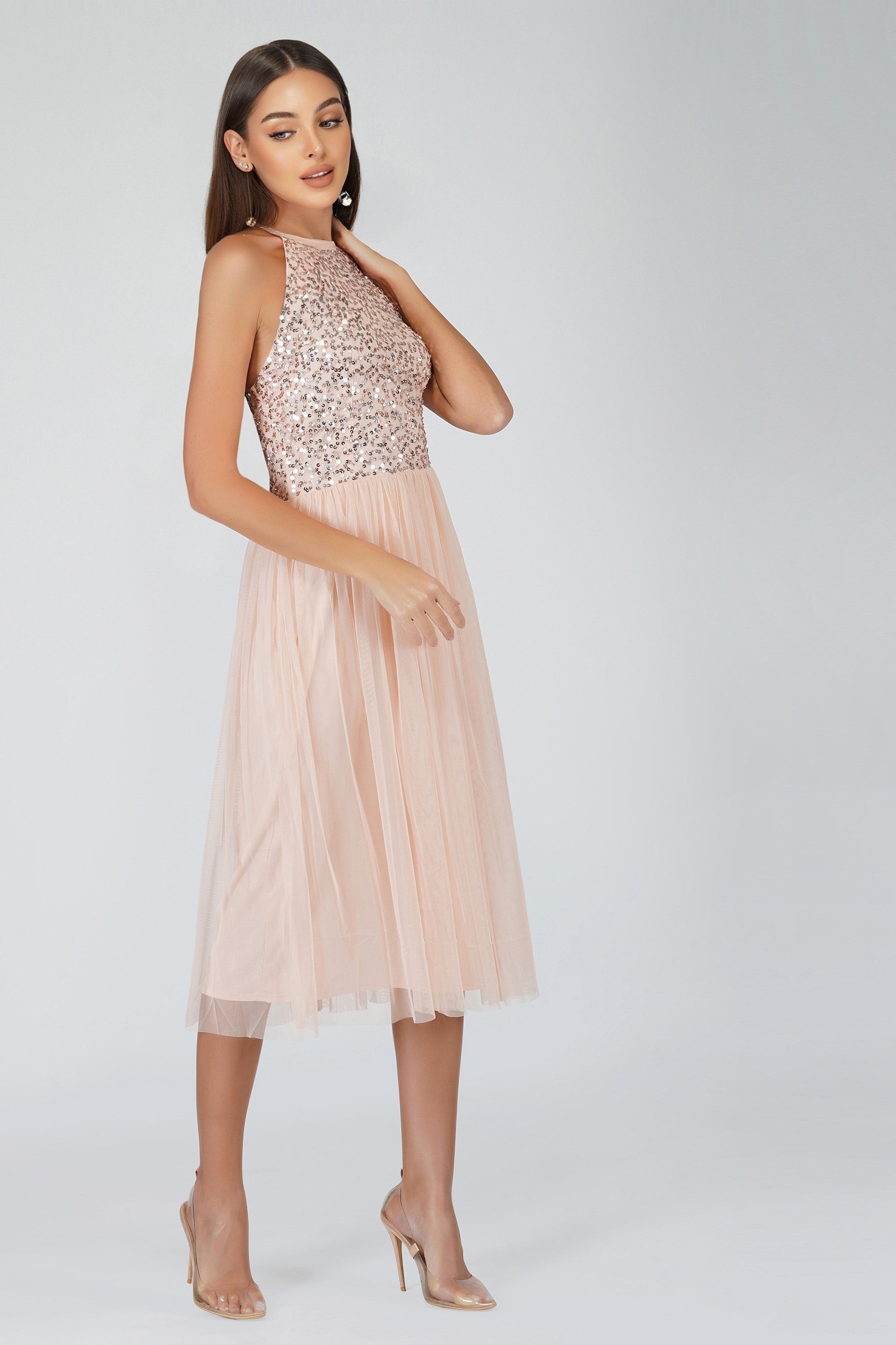 Elegant Sprinkle Blush Pink Bridesmaid Midi Dress - Perfect for Weddings, Parties & Special Occasions