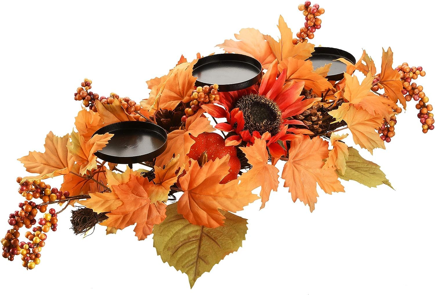 National Tree Company 24-inch Artificial Fall Centerpiece with Sunflower Blooms, Pinecones, Berries & Maple Leaves - 3 Candle Holders for Thanksgiving, Autumn Table Decor, Seasonal Home Decoration