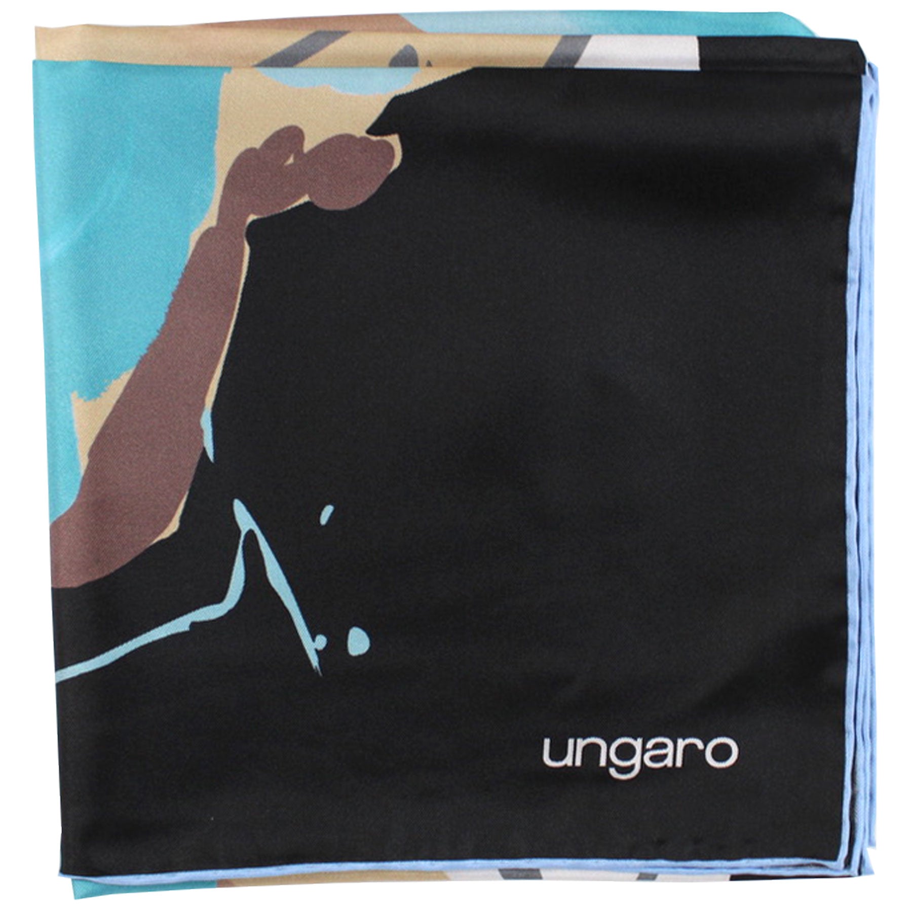 Ungaro Black Brown Aqua Floral Twill Silk Square Scarf - Elegant Foulard for Women | Perfect for Office, Parties & Special Occasions | FINAL SALE